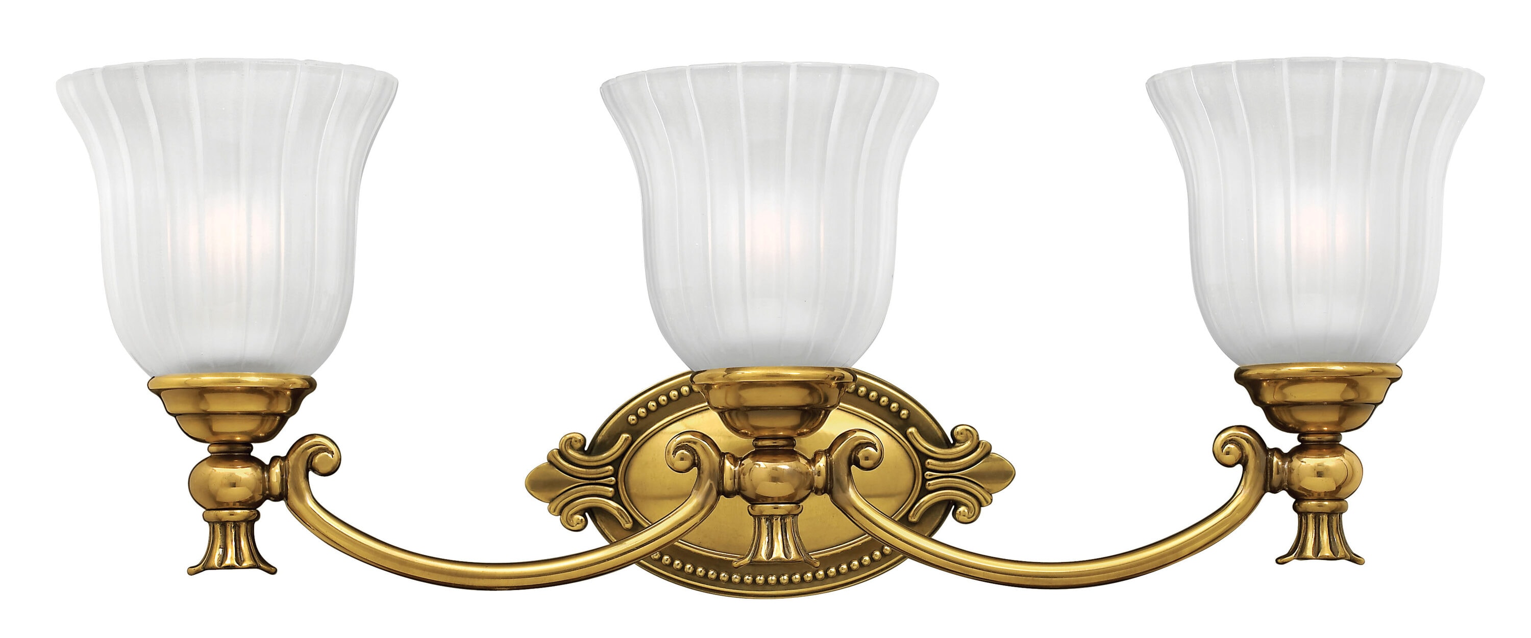 Francoise Burnished Brass 3-Light Outdoor Vanity with Frosted Ribbed Glass