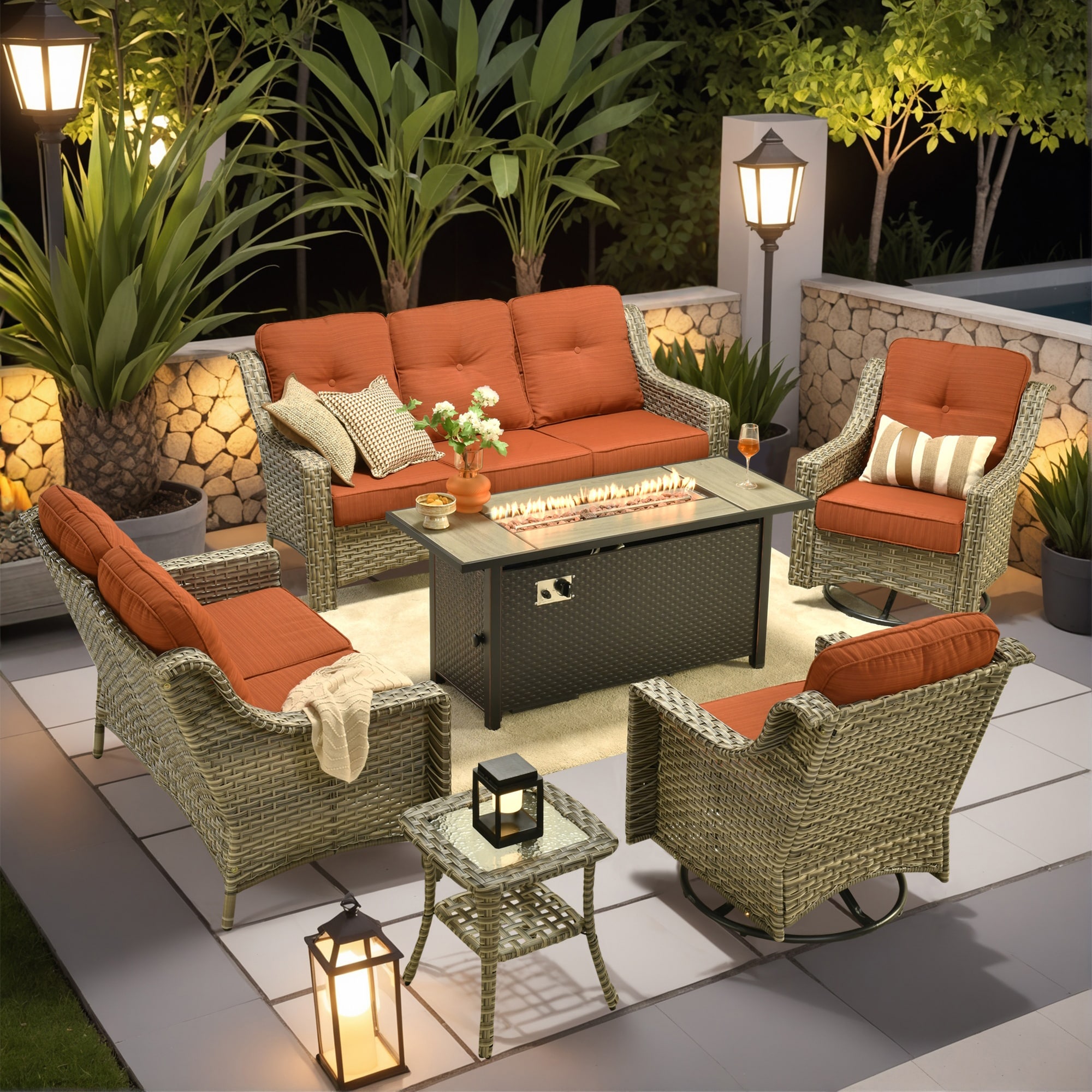 XIZZI XIPADF8055-RC3IFP54 Pyrophyllite 6 -Piece Rattan Patio Sofa Conversation Set with Orange Cushions