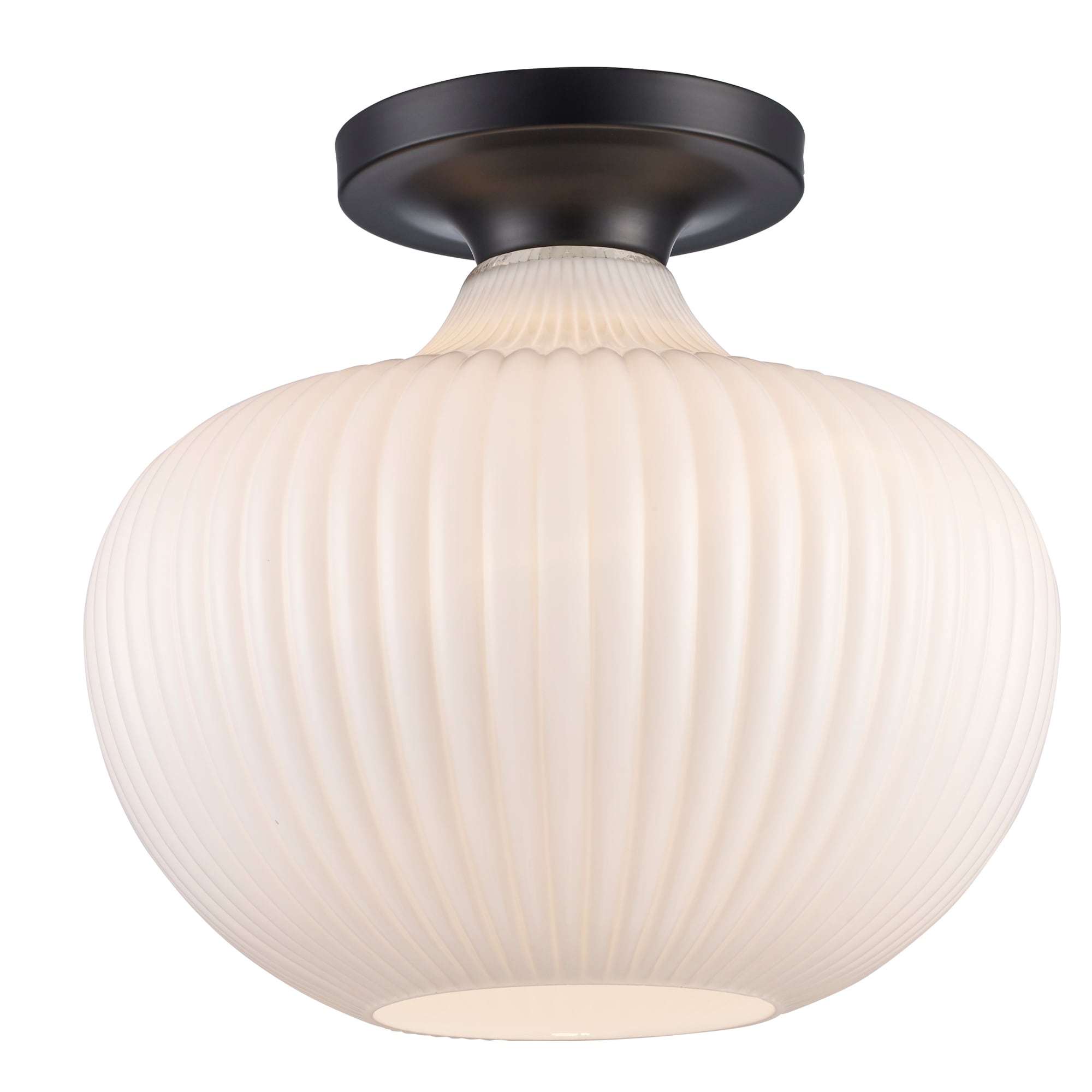 Aristo 12" Black Globe Semi-Flush Ceiling Light with Ribbed Glass Shade