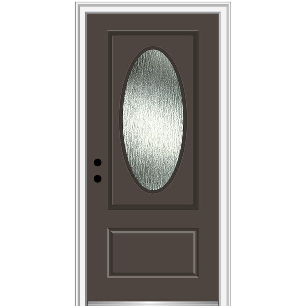 MMI DOOR ZZ367912R Rainglass 36-in x 80-in Fiberglass Oval Lite Right-Hand Inswing Brown Painted Prehung Front Door with Brickmould Solid Core