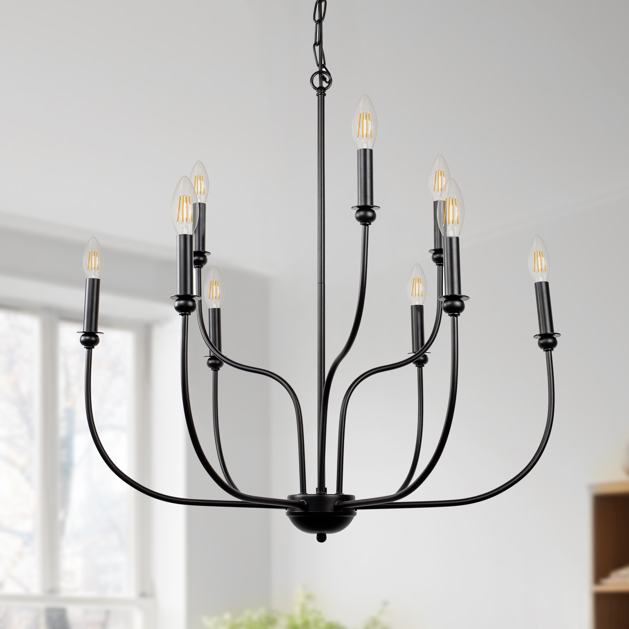 YANSUN 9-Light Matte Black Farmhouse LED Dry rated Chandelier in the ...