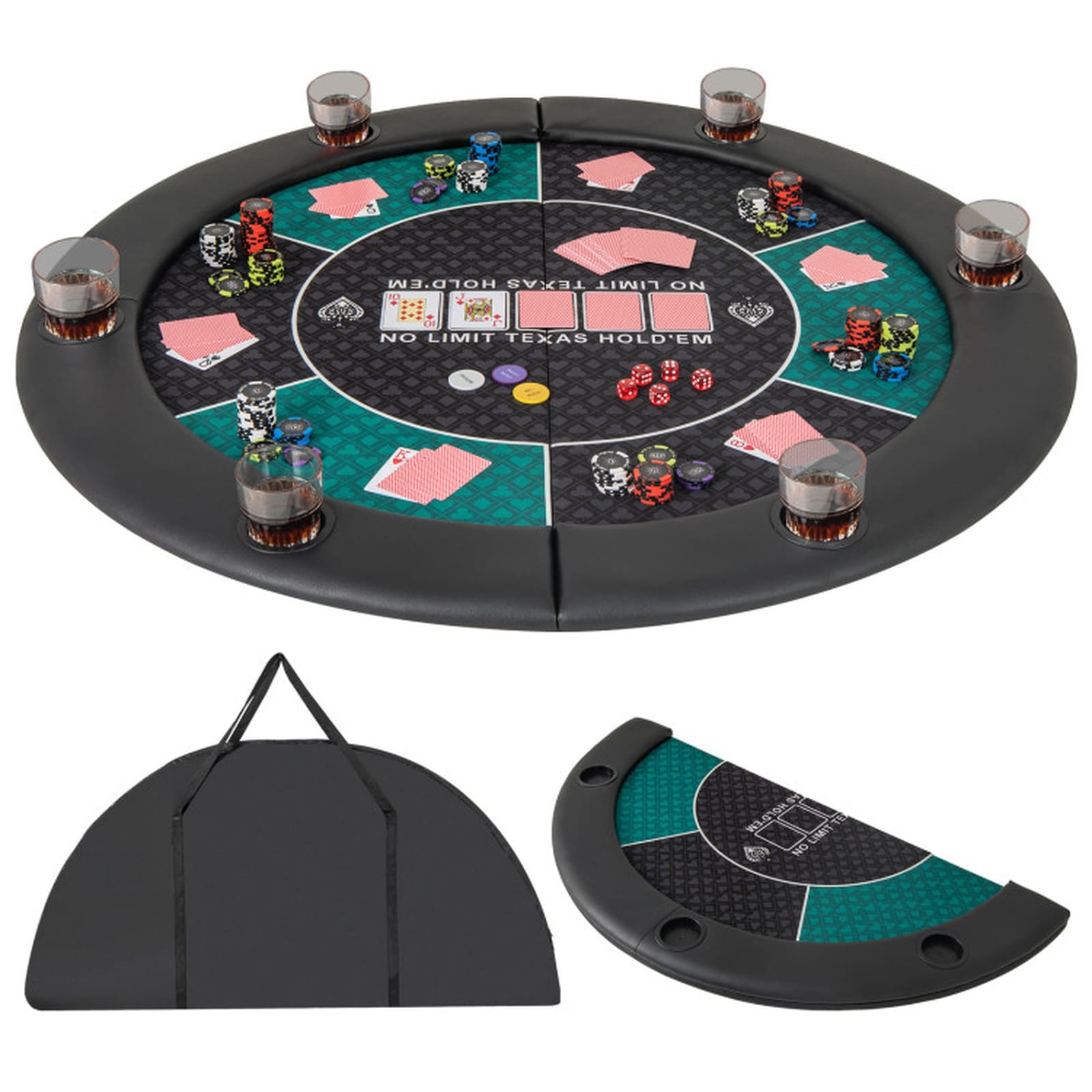 SUGIFT Foldable 48-in 6-Player Round Poker Table Top with 10 Cup Holders Padded Armrests PU Leather Railing Casino Felt #LW038SUGHY415