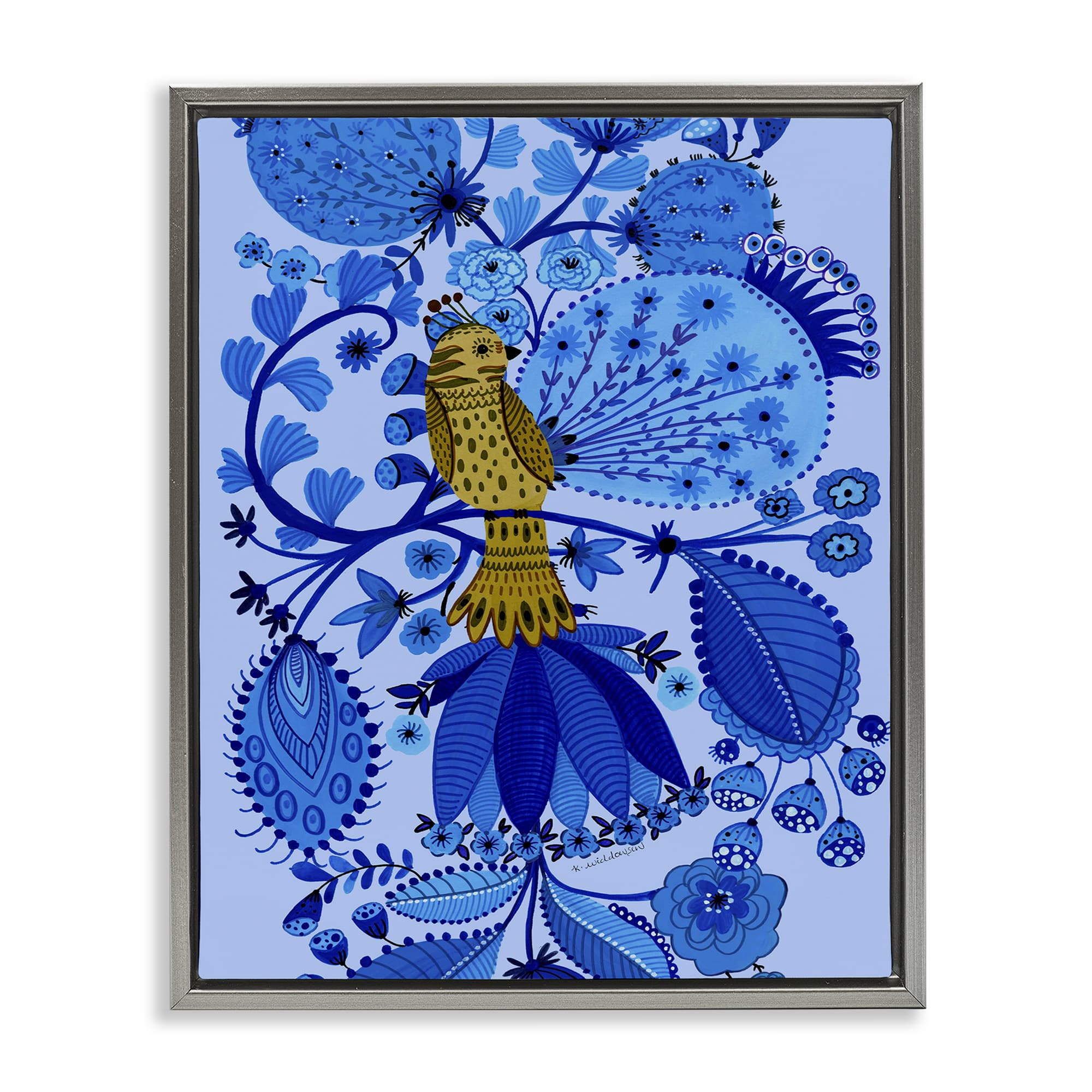 Stupell Industries BS-603-FFL-24X30 Folk Inspired Whimsical Bird Gray Framed Floater Canvas Wall Art By Kay Widdowson 25 x 31