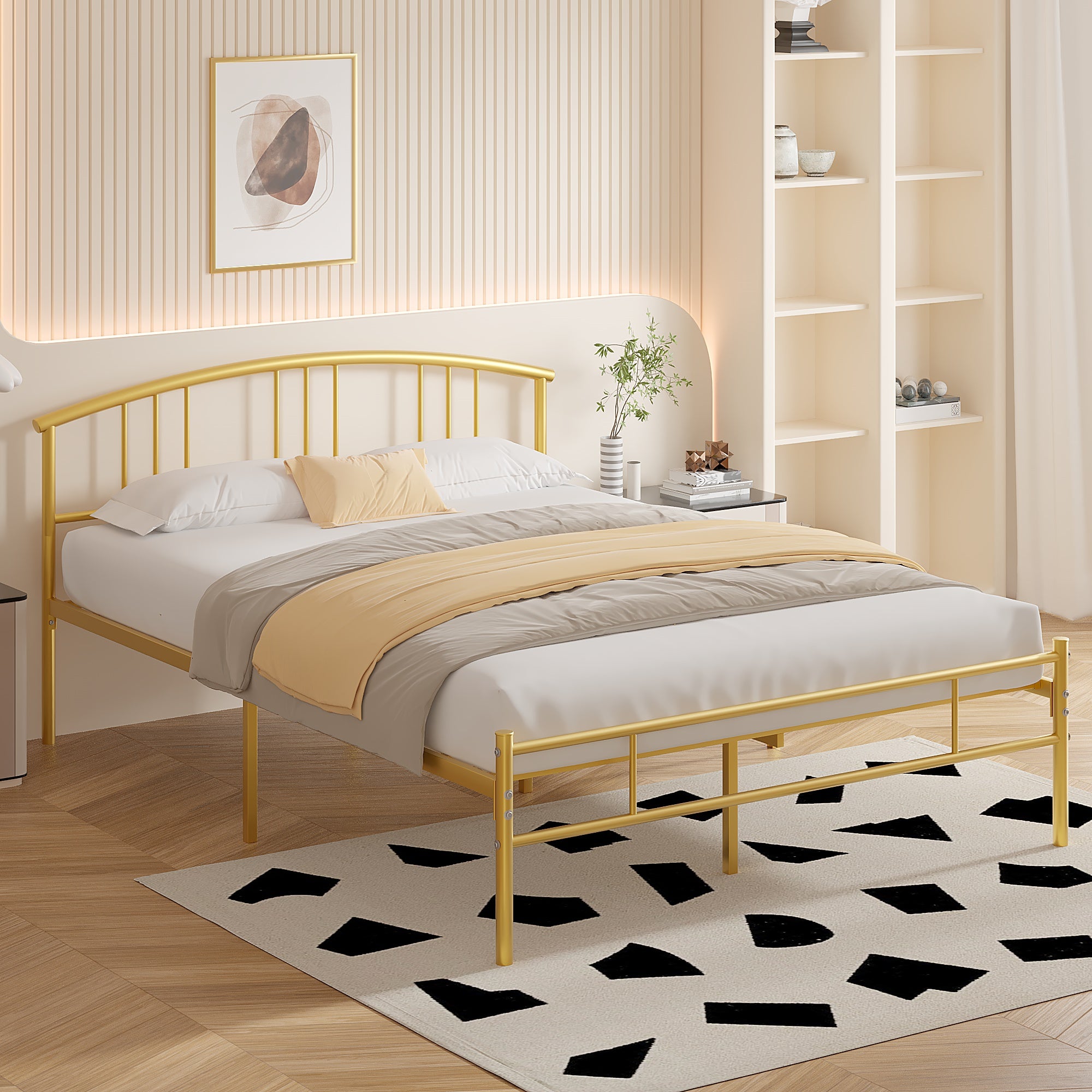 Vecelo LOE-Q34-GLD Gold Queen Size Bed Frame with Headboard and Footboard Full Bed Metal Platform Mattress Foundation Sturdy Steel Slat Under Bed Storag Easy Assembly