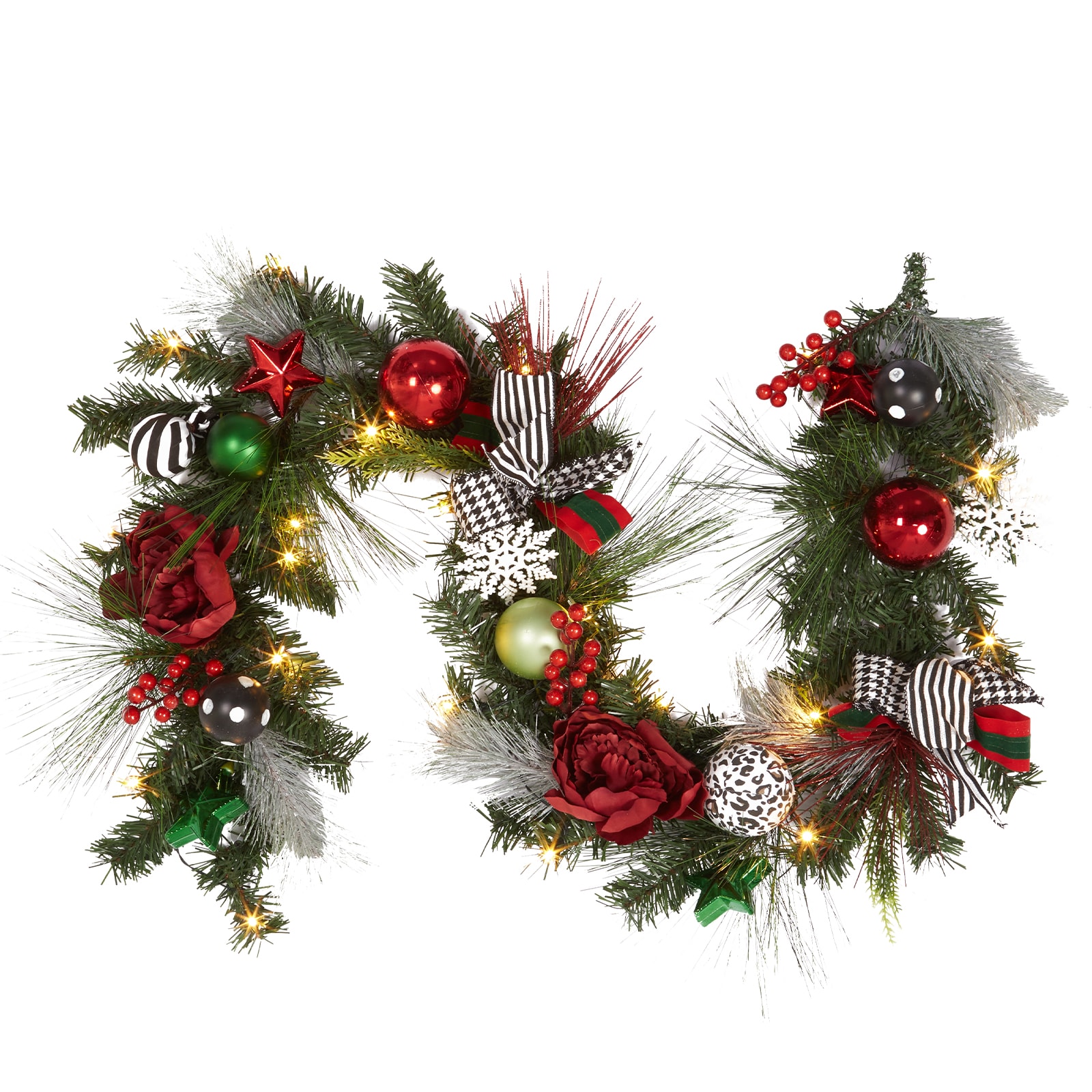 Garvee 6ft Pre-Lit Christmas Garland with Pine Cones Berries Bows Baubles Ribbon and Ball Ornaments 20 LED Battery Lights Timer Indoor Outdoor Holiday Garland for Fireplace Door - Red and Green