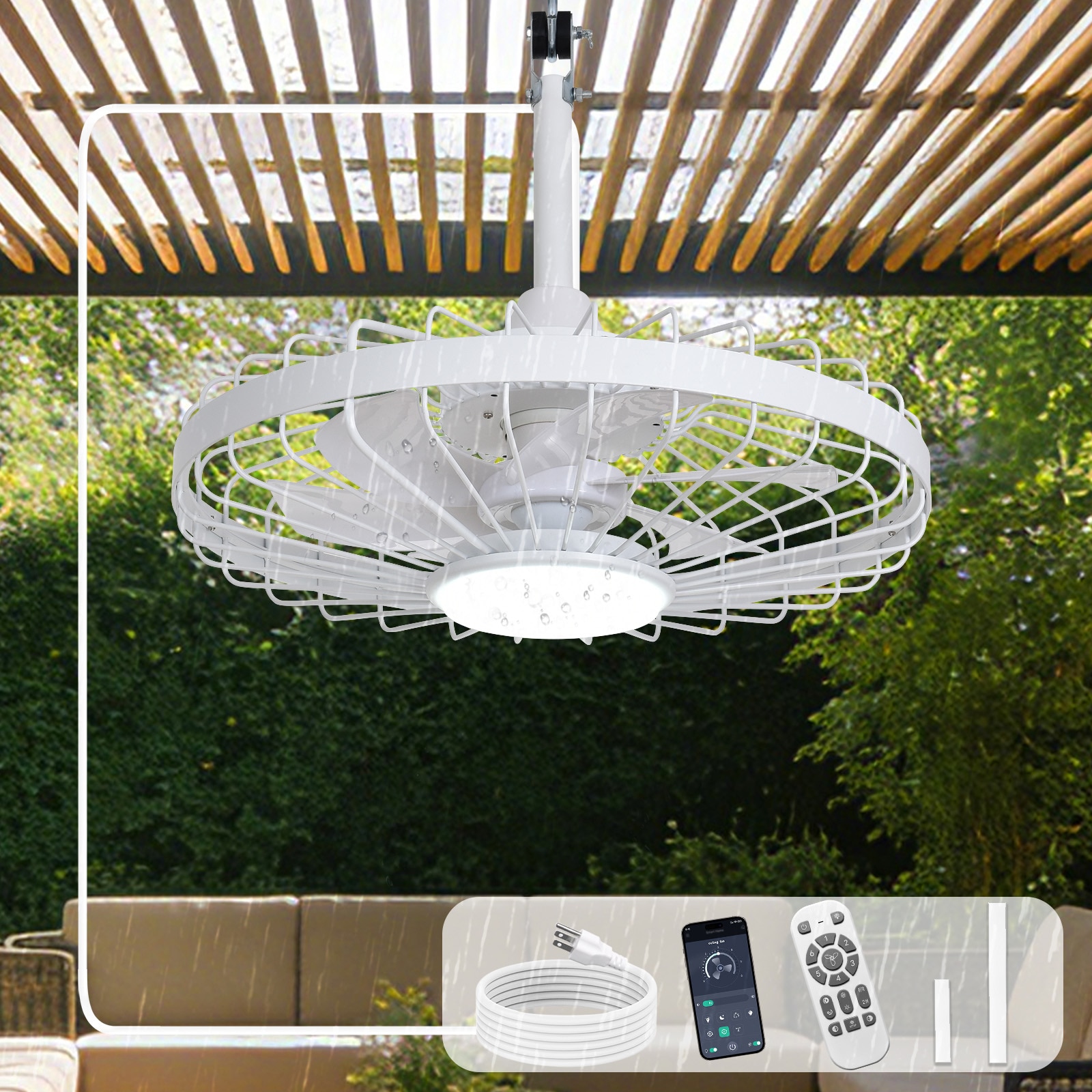 Dovanpaul 20 Inch White Outdoor Waterproof Caged Ceiling Fan with Light Plug-in Dimmable Remote and App Dual Control 6-Speed for Patios Porches Gazebos