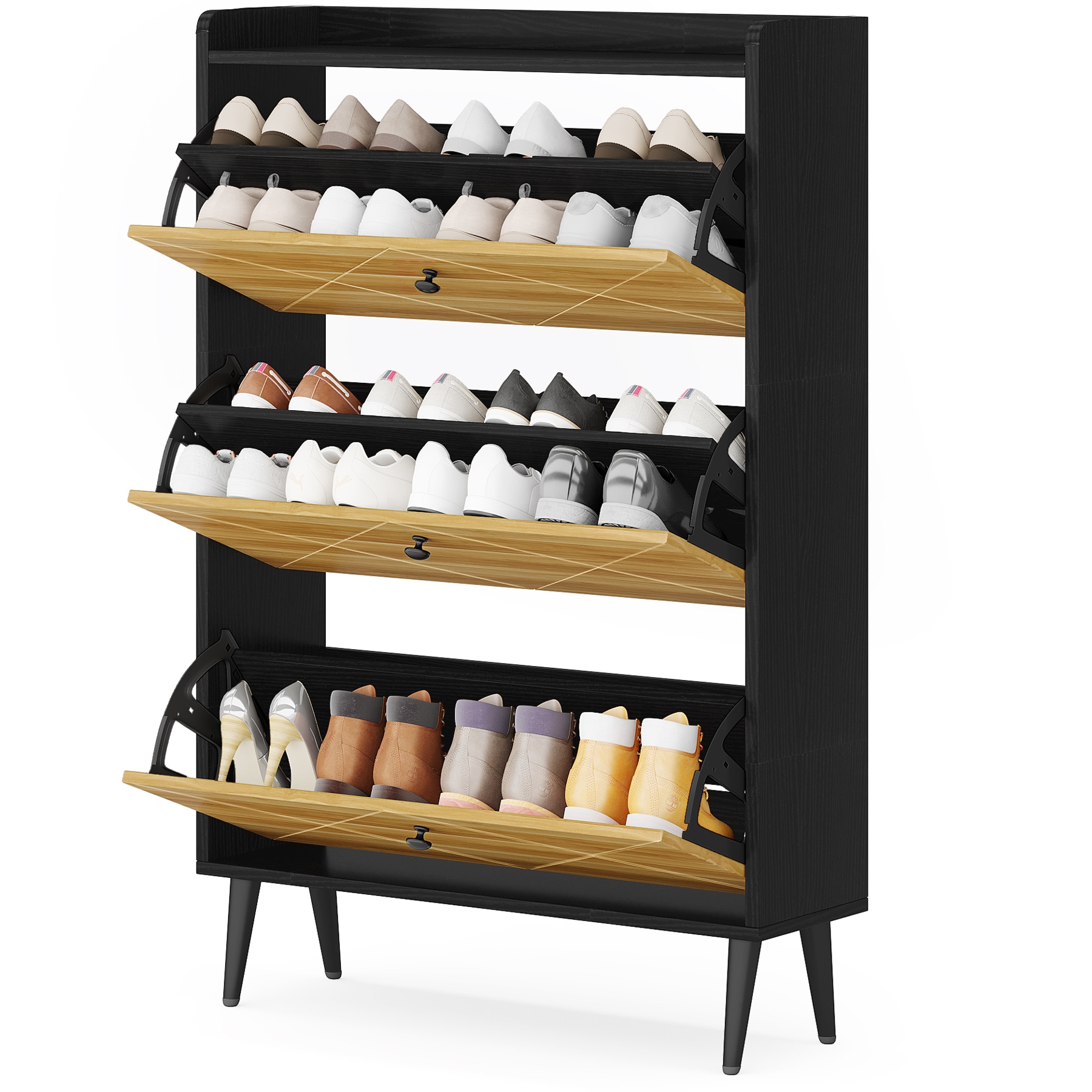 Tribesigns 48.03-in H 3 Tier 24 Pair Oak/Black Engineered Wood Shoe Cabinet | HOGA-NY045