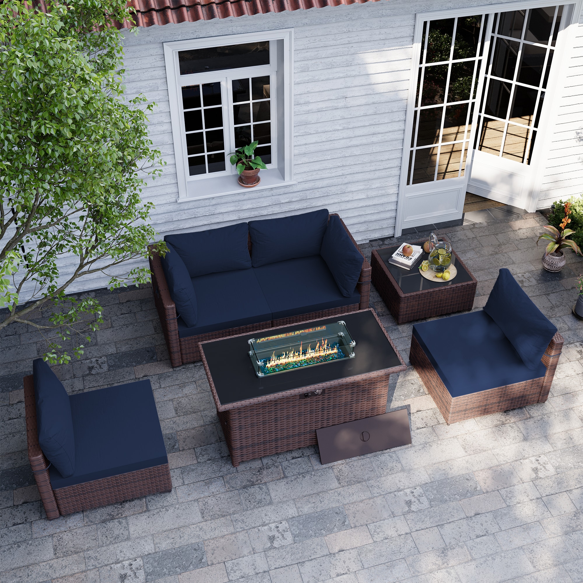 UPHA TBSF-AB43BR-NAVYBLUE 6 -Piece Wicker Patio Conversation Set with Blue Cushions