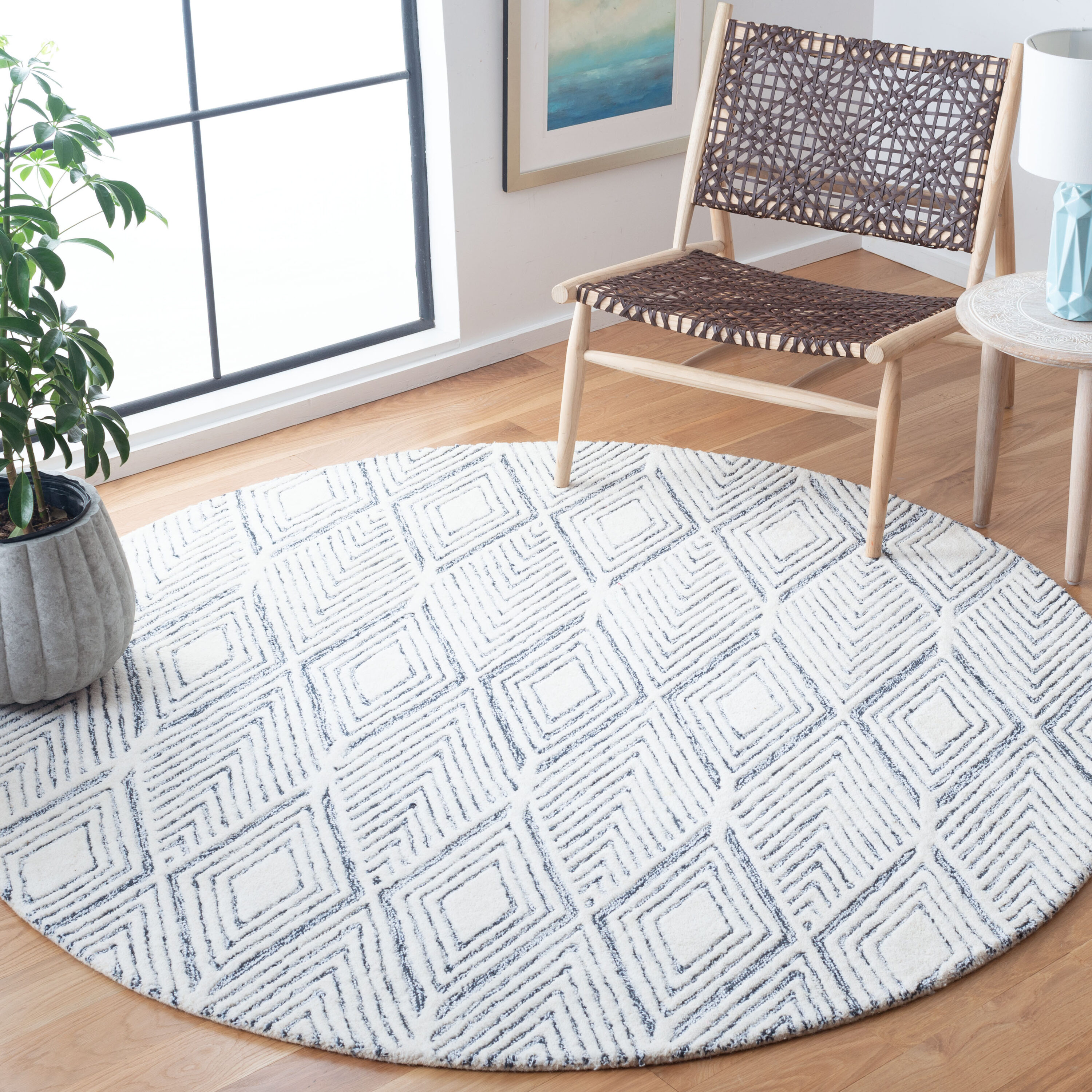  Abstract 350 Ivory/Charcoal Contemporary 6ft x 6ft Round Rug