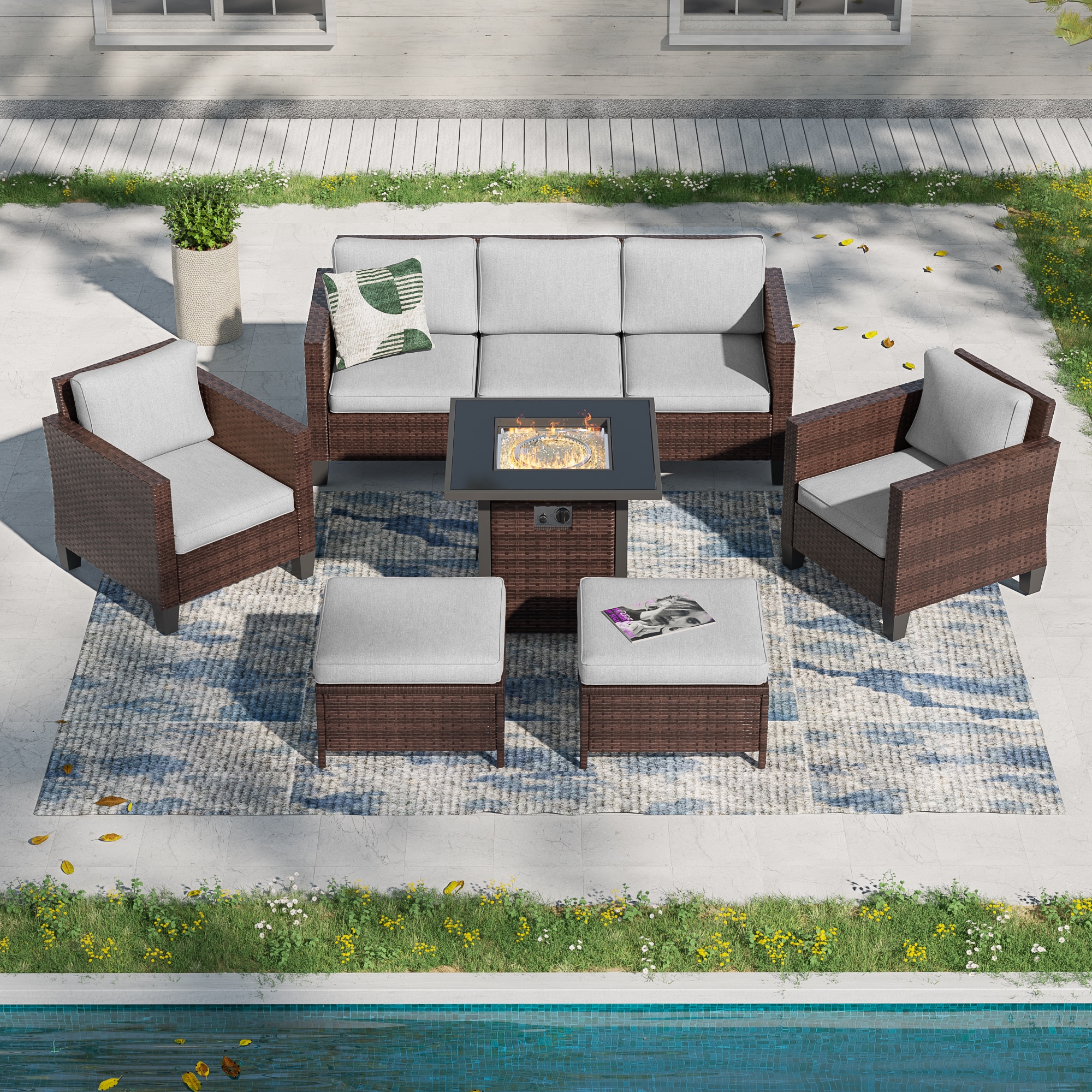 ACEGOSES LW-115BLY-T4 Skytop 6 -Piece Wicker Patio Sofa Conversation Set with Gray Cushions