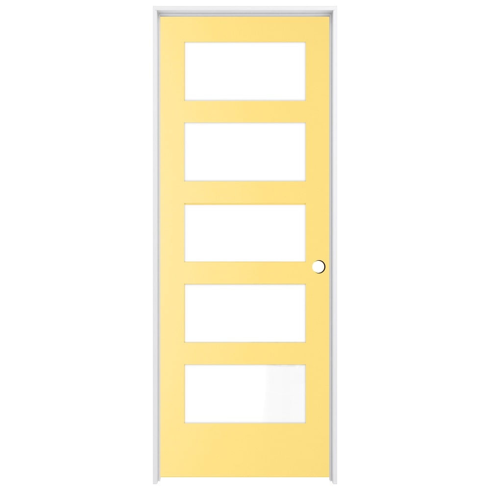 RELIABILT LO1370644 32-in x 80-in Marigold Solid core 5-panel equal Frosted glass Left hand Smooth Prefinished Pine Wood Flat Jamb Single Prehung Interior Door