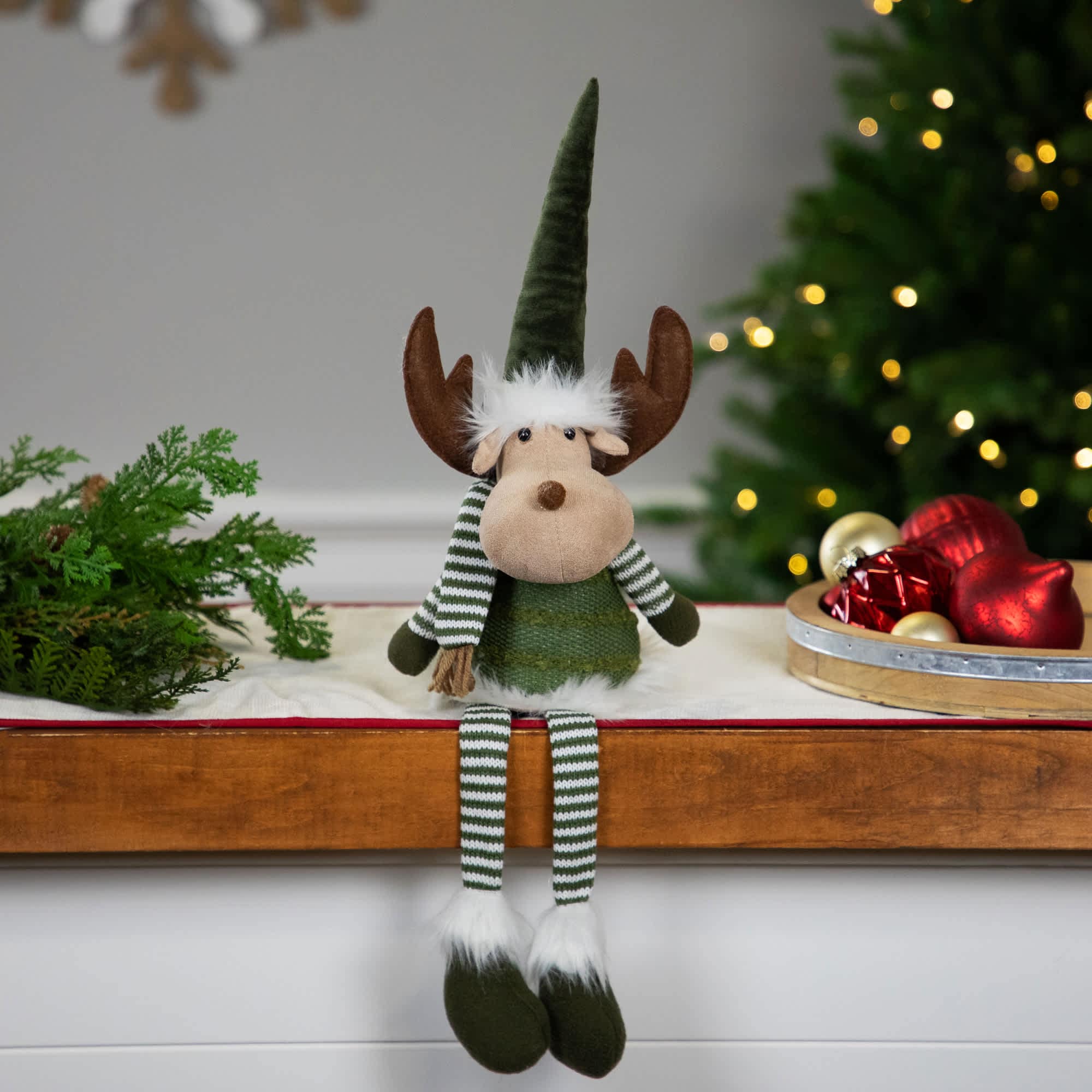 Northlight Dangling Striped Legs Sitting Moose Christmas Figure - 20 inch - Green and White