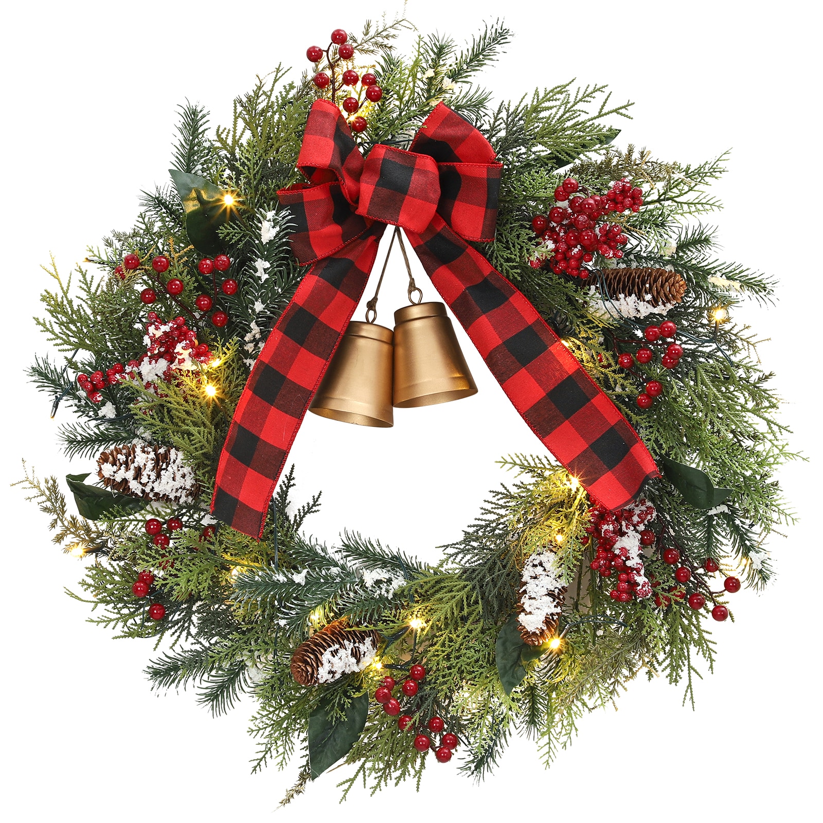 Garvee 24 Inch Pre-Lit Christmas Wreath with Bells Bow Red Berries and Pine Cones Red and Green Holiday Decor for Front Door Entryway