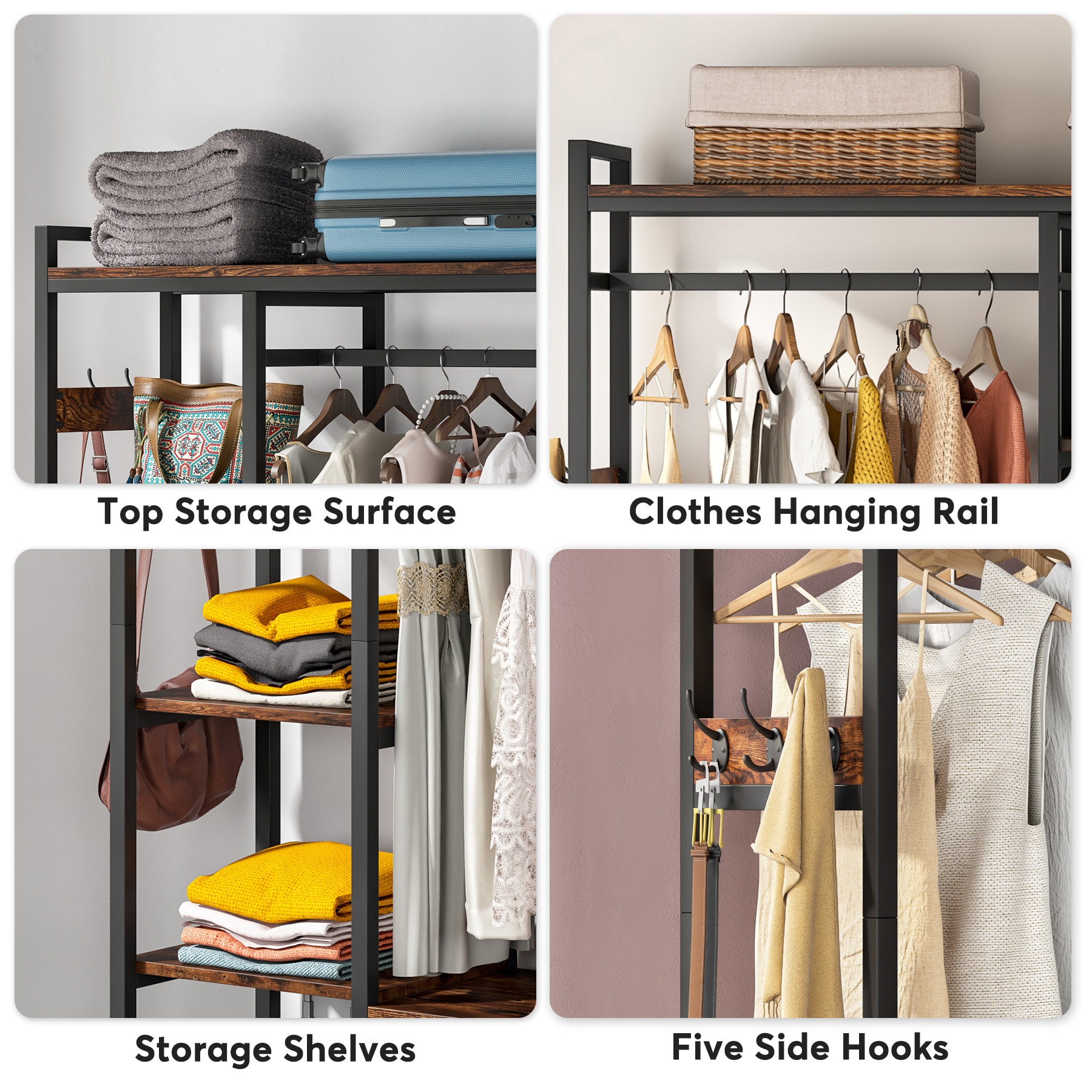 Tribesigns Freestanding Closet Organizer, Industrial 3 Rod Garment Rack  with 4-Tier Storage Shelf, Rustic Wardrobe Rack Clothes Rack for Hanging