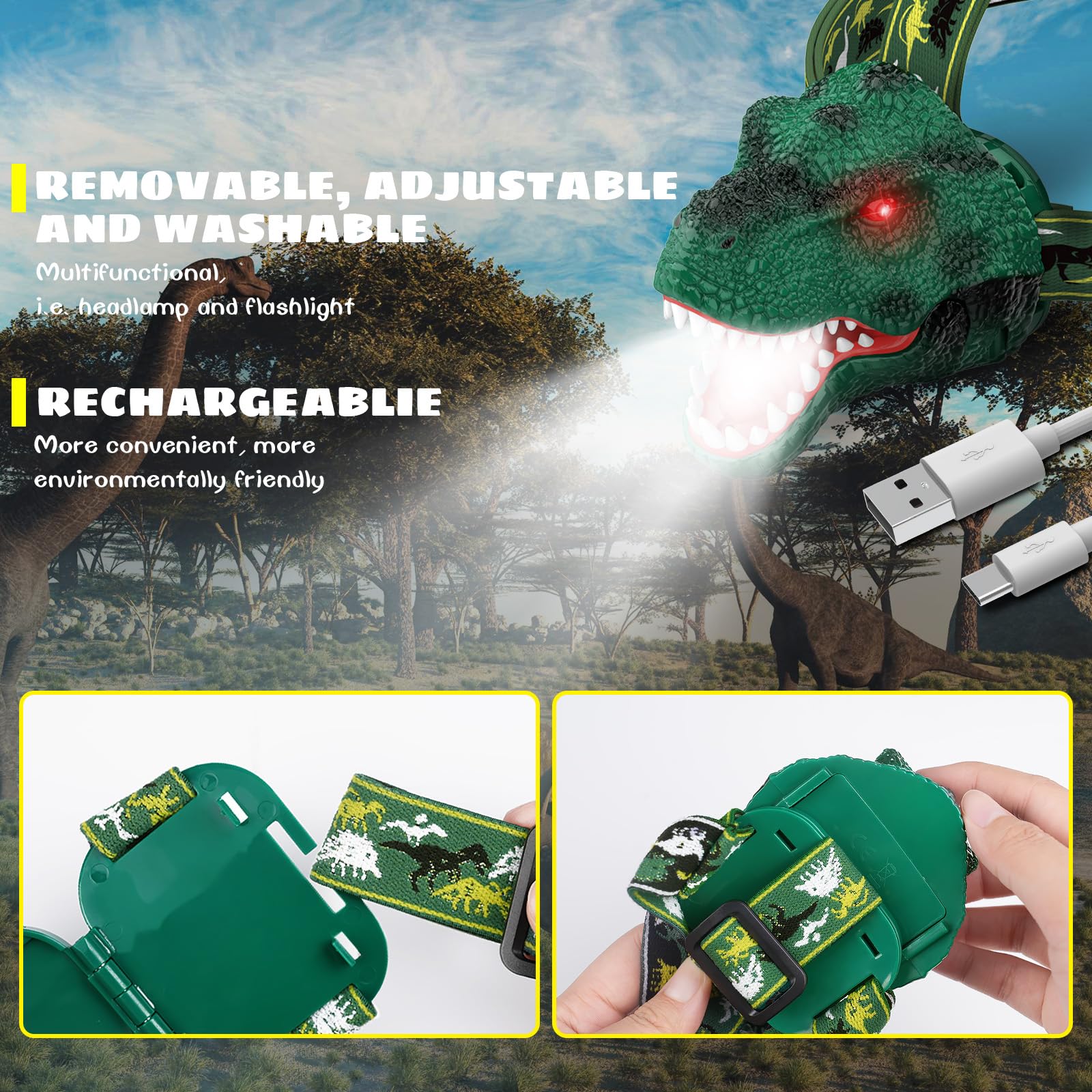 Yichuhaoxi Kids Headlamp renewable power T Rex Dinosaur Headlamp for ...