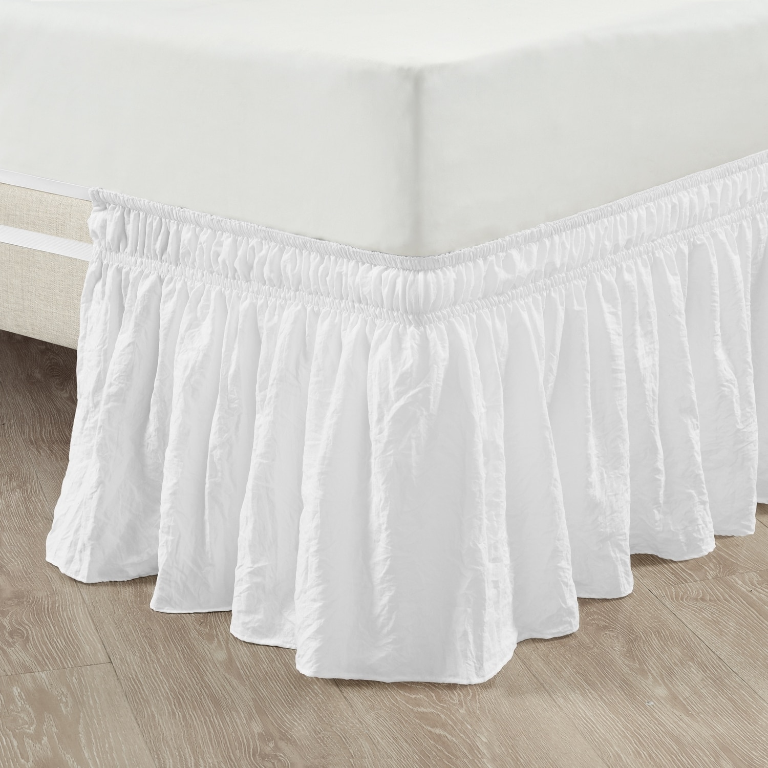 Pure White Polyester Ruched Ruffle Elastic Bed Skirt for Twin/Twin XL/Full