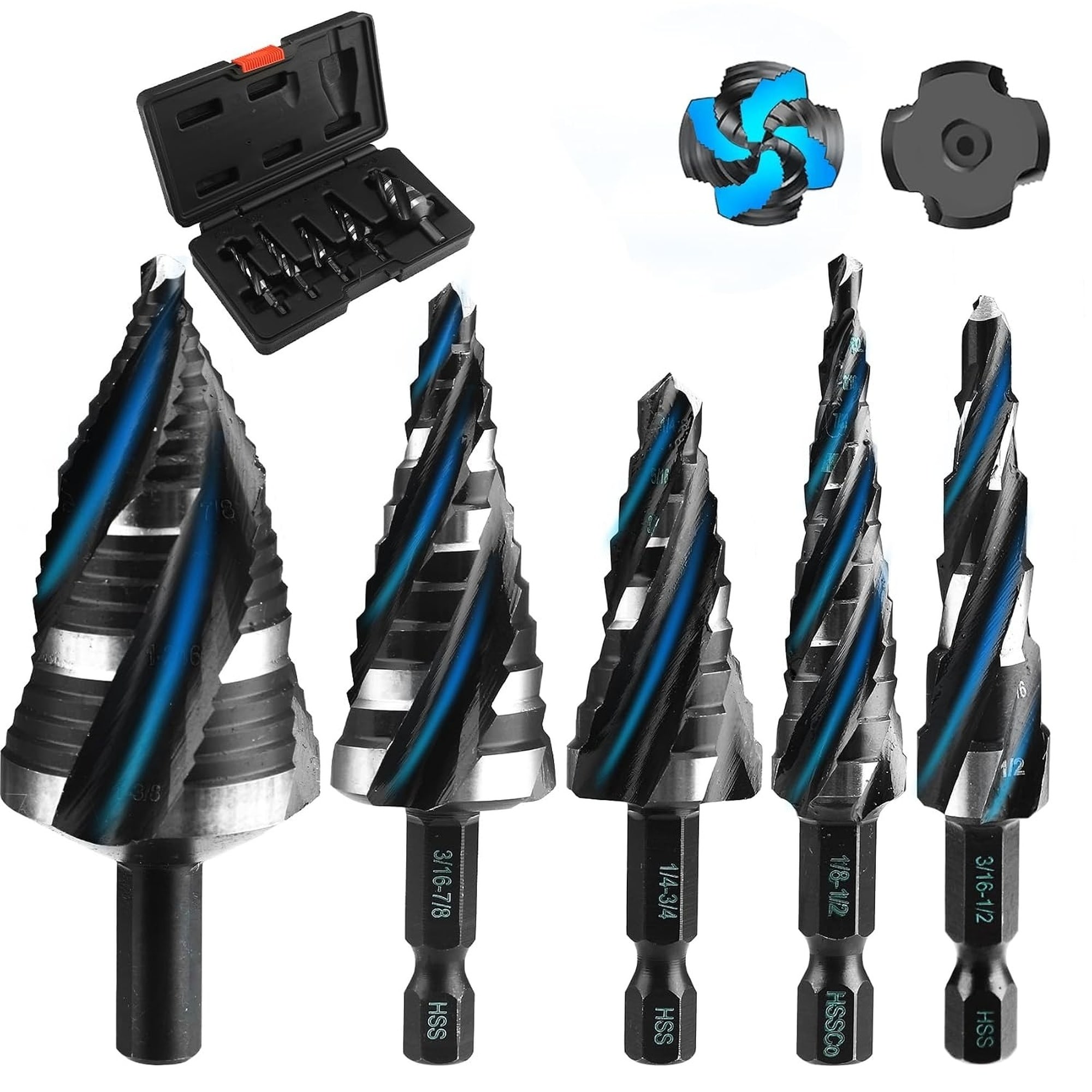 Angel Sar 5 Pcs Step Drill Bit Set Four Spiral Flute 50 Sizes Titanium Coated HSS with 1/4 in Hex Shank for Stainless Steel Aluminum Wood Plastic