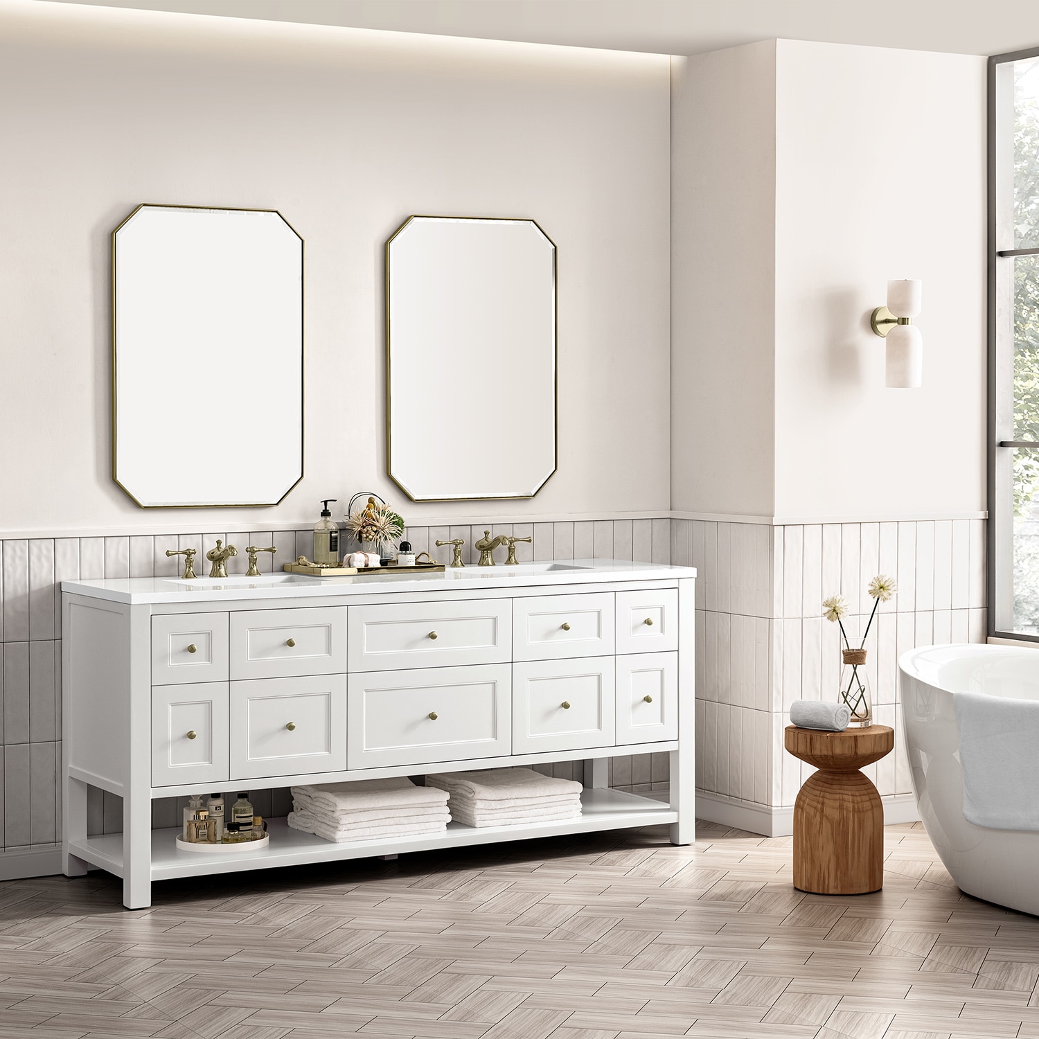 Bright White Solid Wood Double Vanity with Brass Knobs