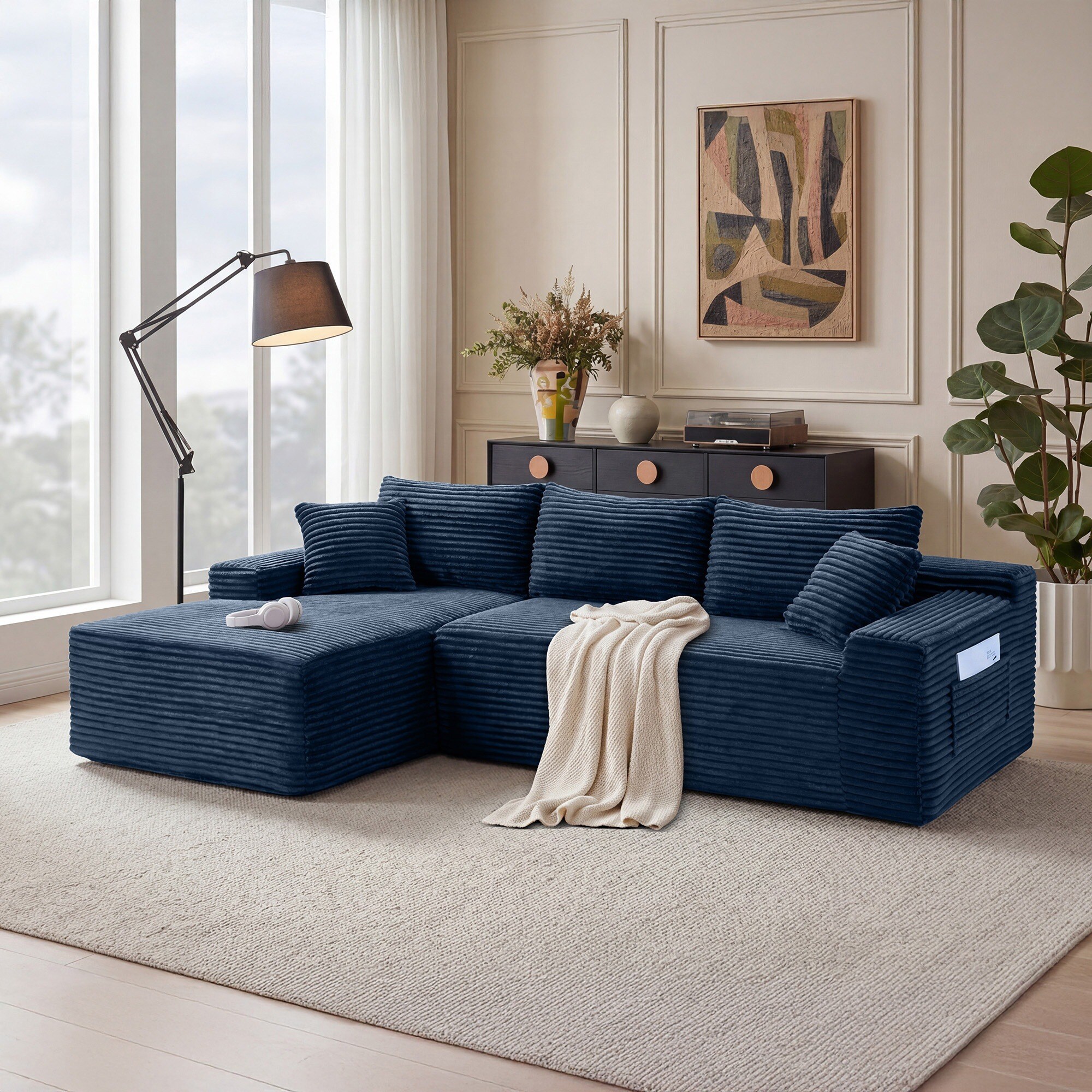 Horizons Prime 95 inch Charcoal Gray Jumbo Corduroy Cloud Modular Sectional Sofa with L-Shape Chaise and Deep Seat