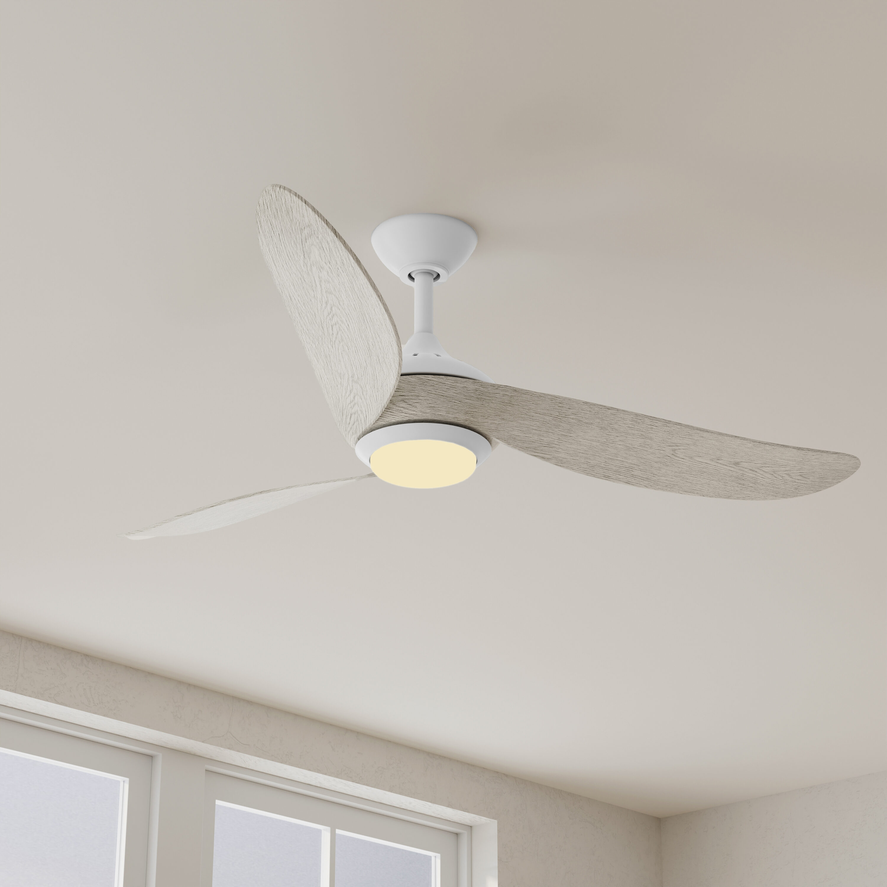 Progress Lighting P250105-028-30 Conte 52-in Integrated LED Outdoor Satin White with Washed Oak Blades Propeller Ceiling Fan With Light - Remote Included ( 3 -Blade )