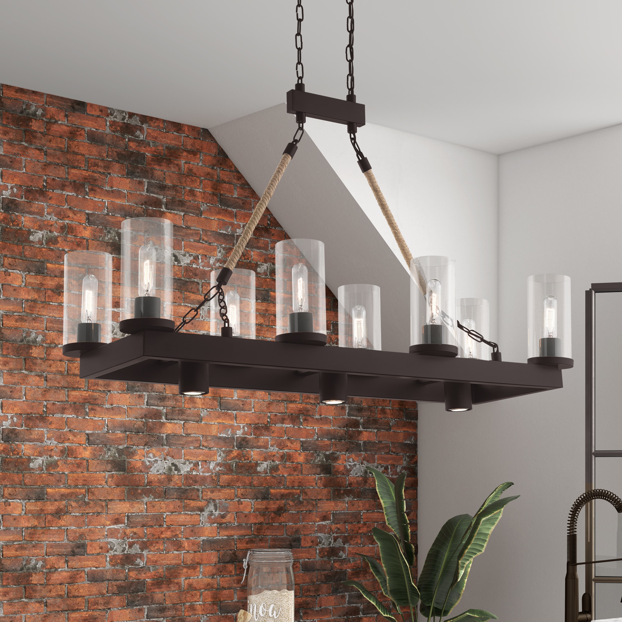 Metuchen Bronze Linear Chandelier with Clear Glass and Rope Detail, 11-Light