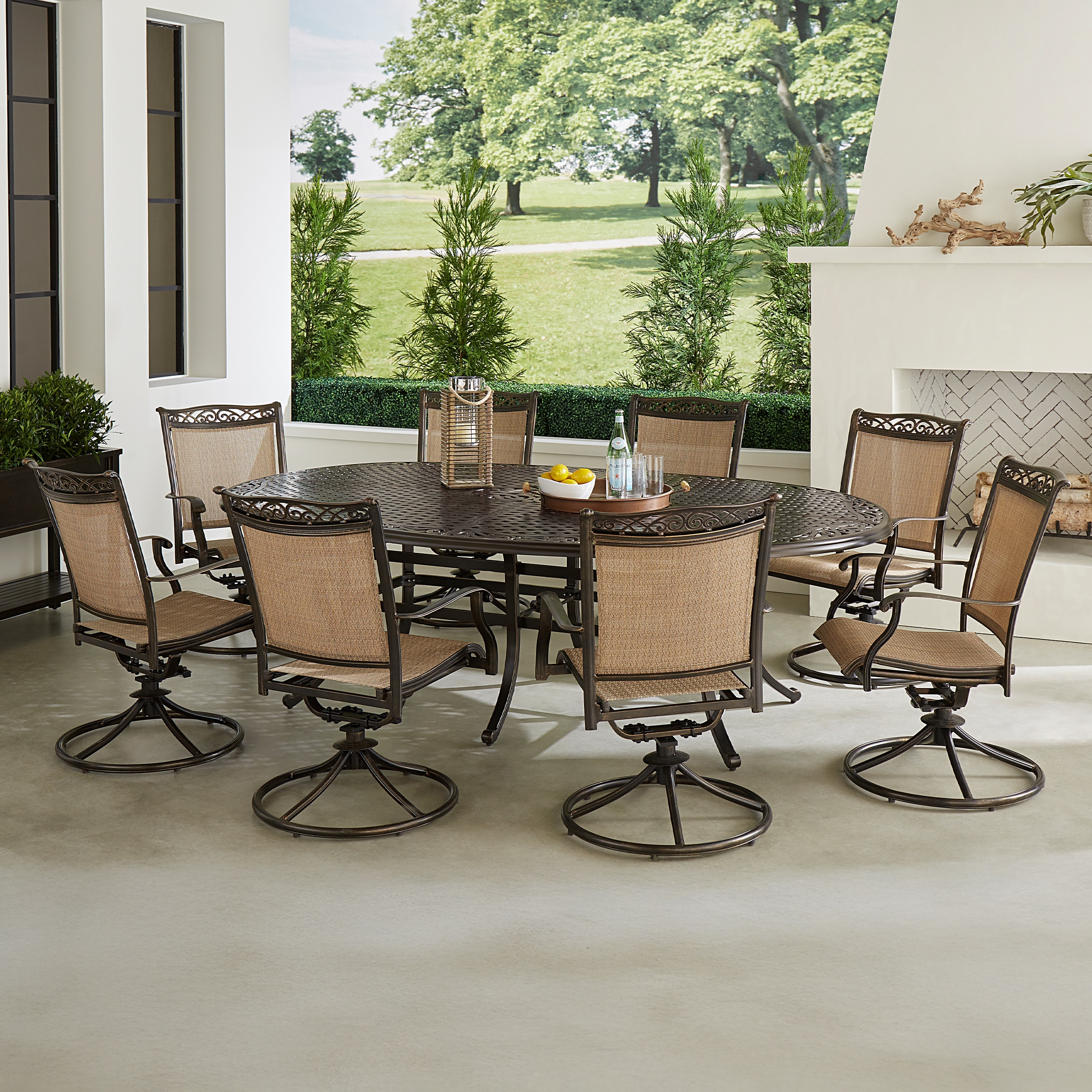 Hanover FNTDN9PCOVSW8 9 -Piece Bronze Woven Patio Dining Set Aluminum Oval Table with 8 Tan Swivel Rocker Chairs