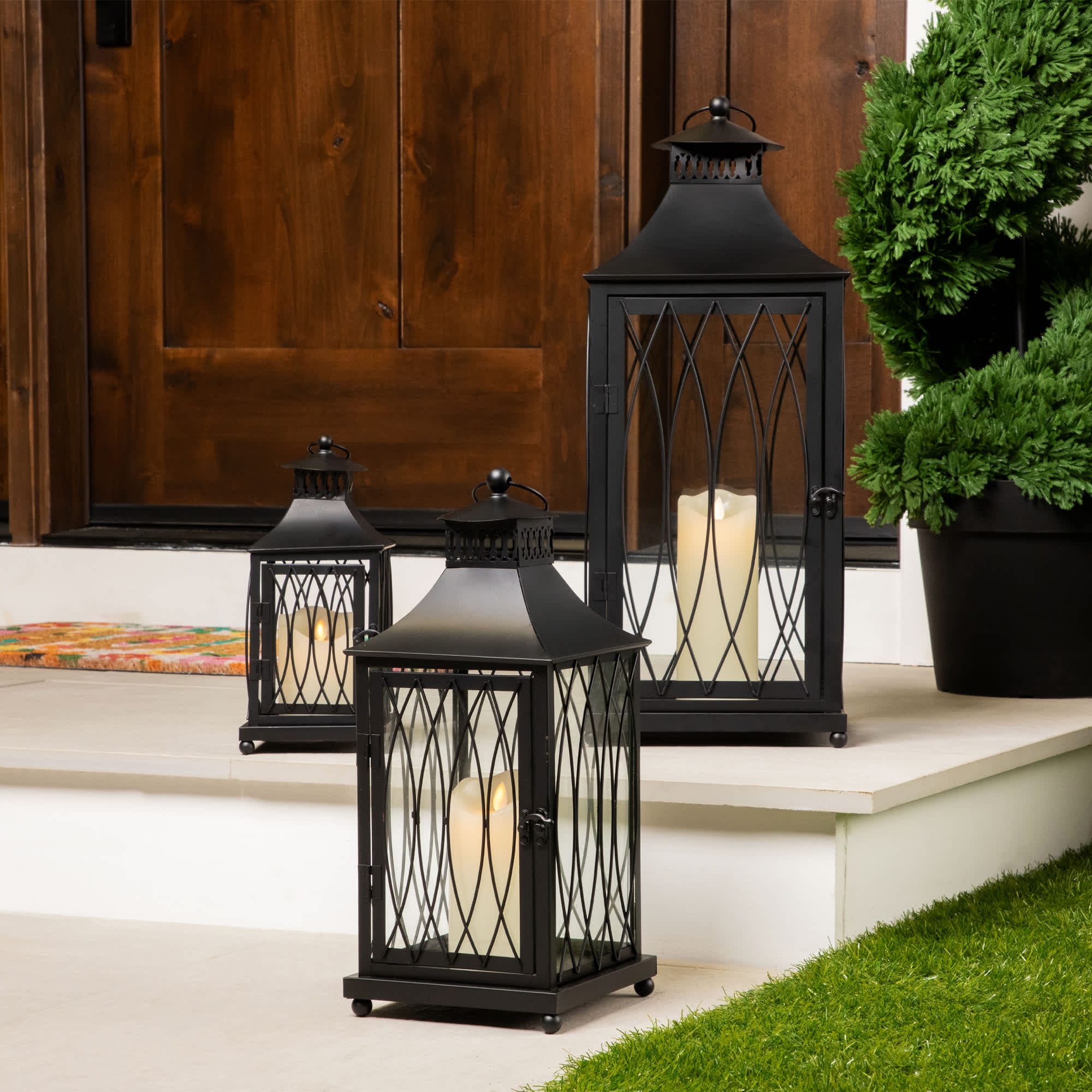 Northlight - Lattice Style Metal Candle Lanterns - 22.75 inch - Black - Set of 3