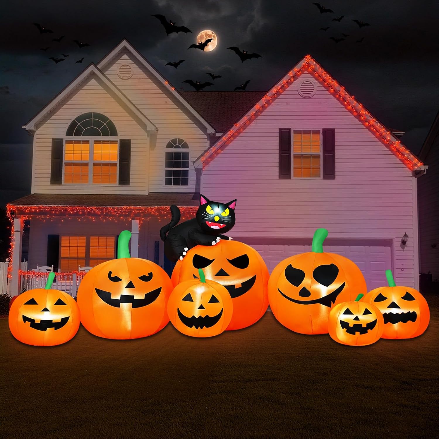 B&D 8FT Long Halloween Inflatables Pumpkin Outdoor Decorations 7 Blow Up Inflatable Pumpkin for Yard with Cat Built in LED Lights for Halloween Decorations Party Yard Garden Lawn