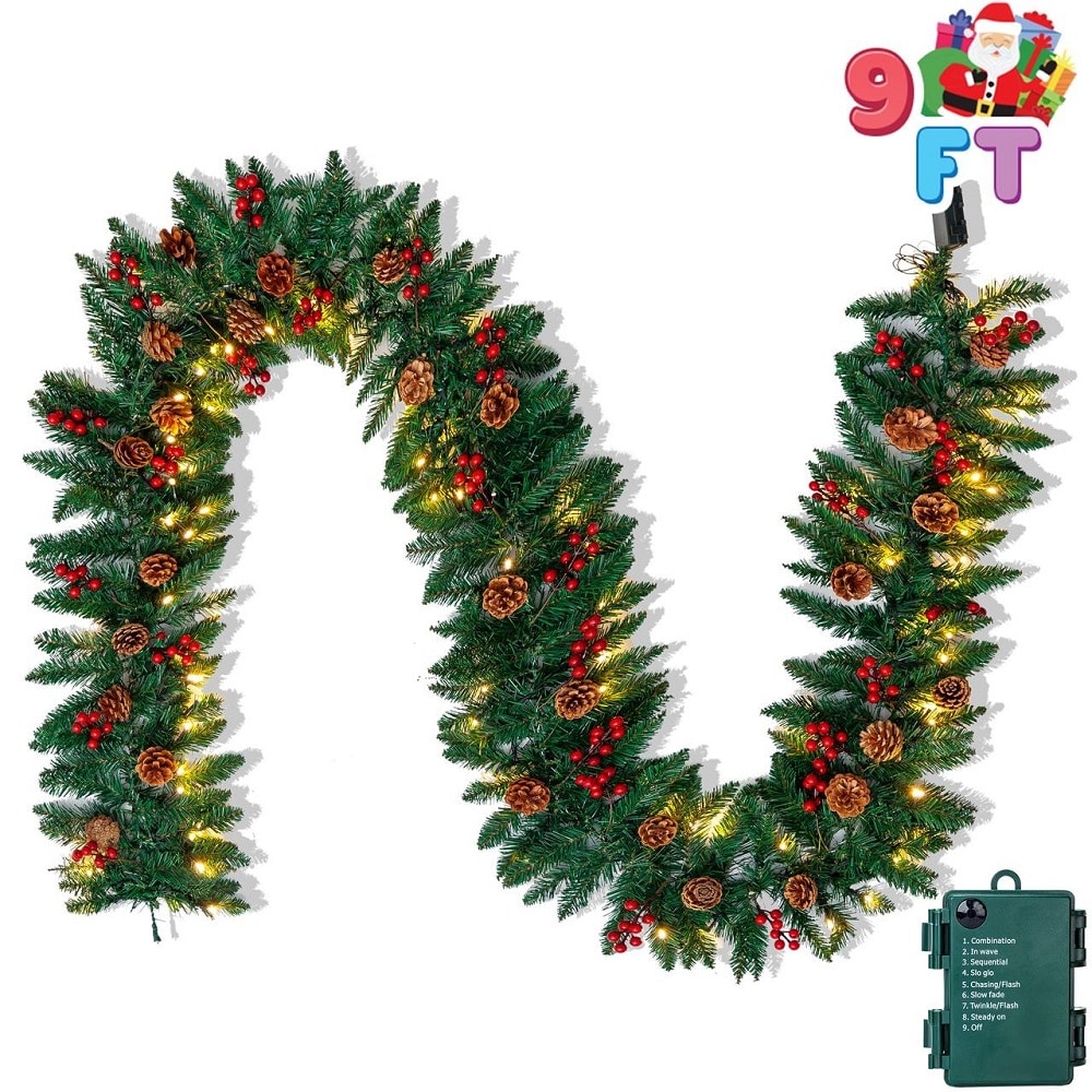 Joyfy 30075 Indoor/Outdoor Pre-lit Battery-operated 9-Feet Pine Artificial Garland with White LED Lights
