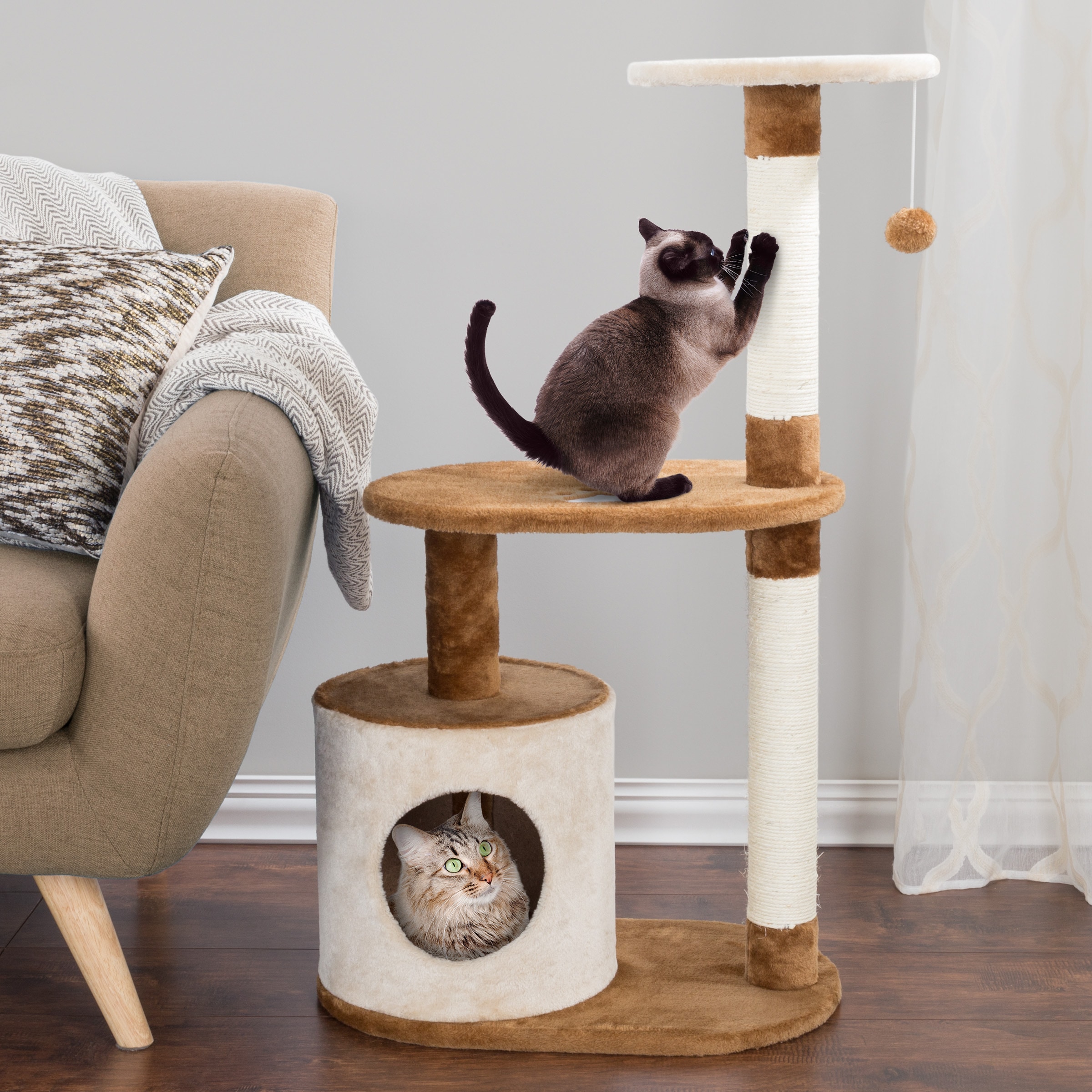 Tan 3-Tier Cat Tower with Sisal Scratch Posts