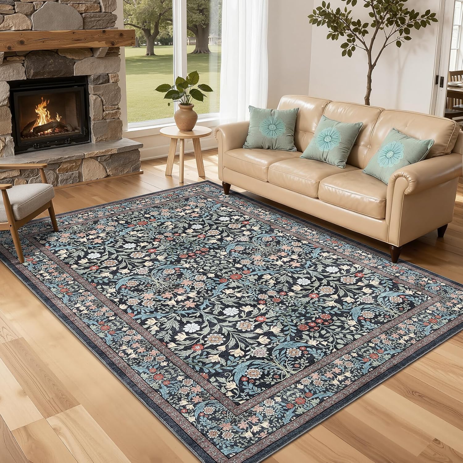 0 Floral 5x7 Area Rug Vintage Boho Washable and Non Slip Living Room Carpet Soft Stain Resistant Large Rug for Bedroom Dining Room Nursery Farmhouse Home Black
