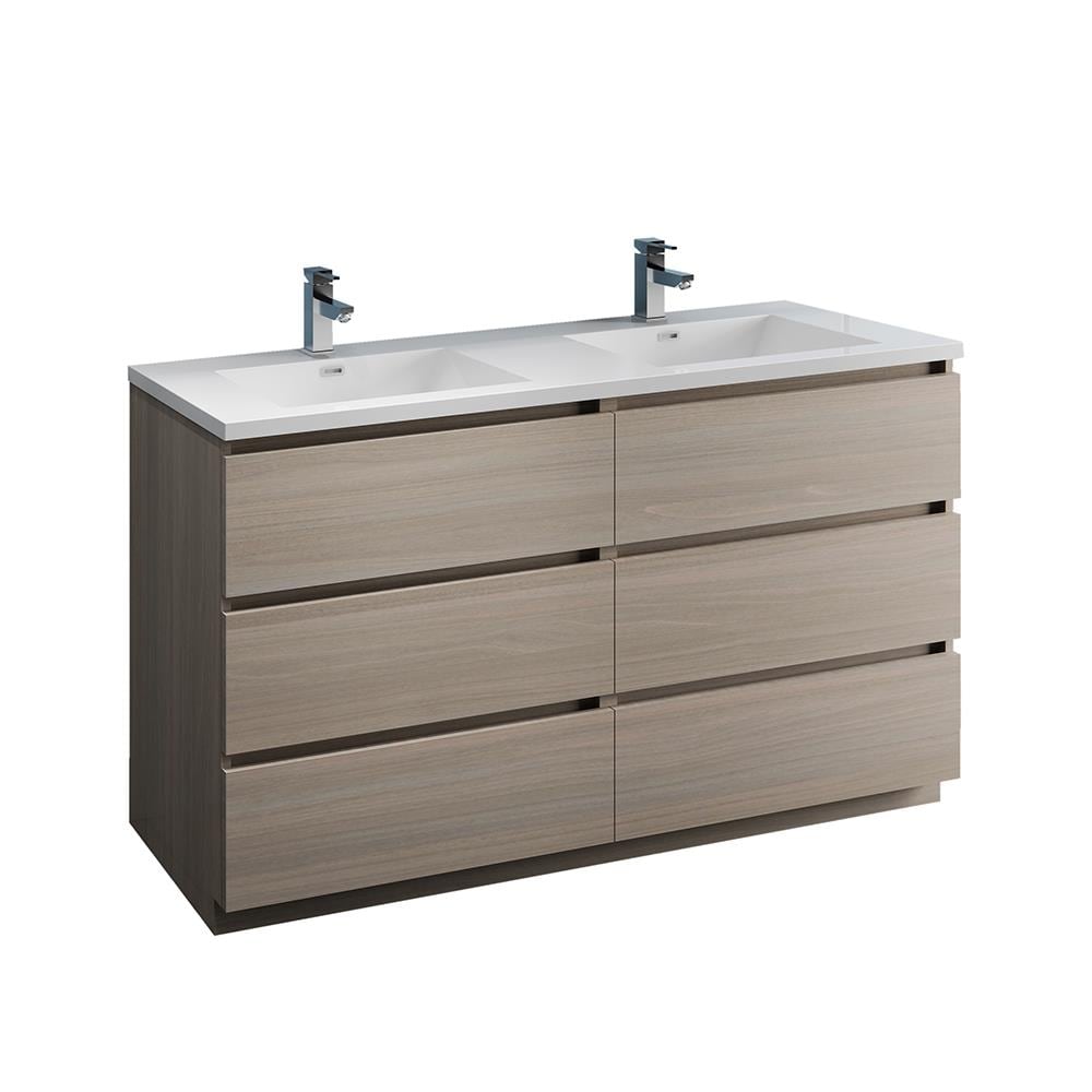 Gray Wood 60" Freestanding Double Sink Vanity with Acrylic Top