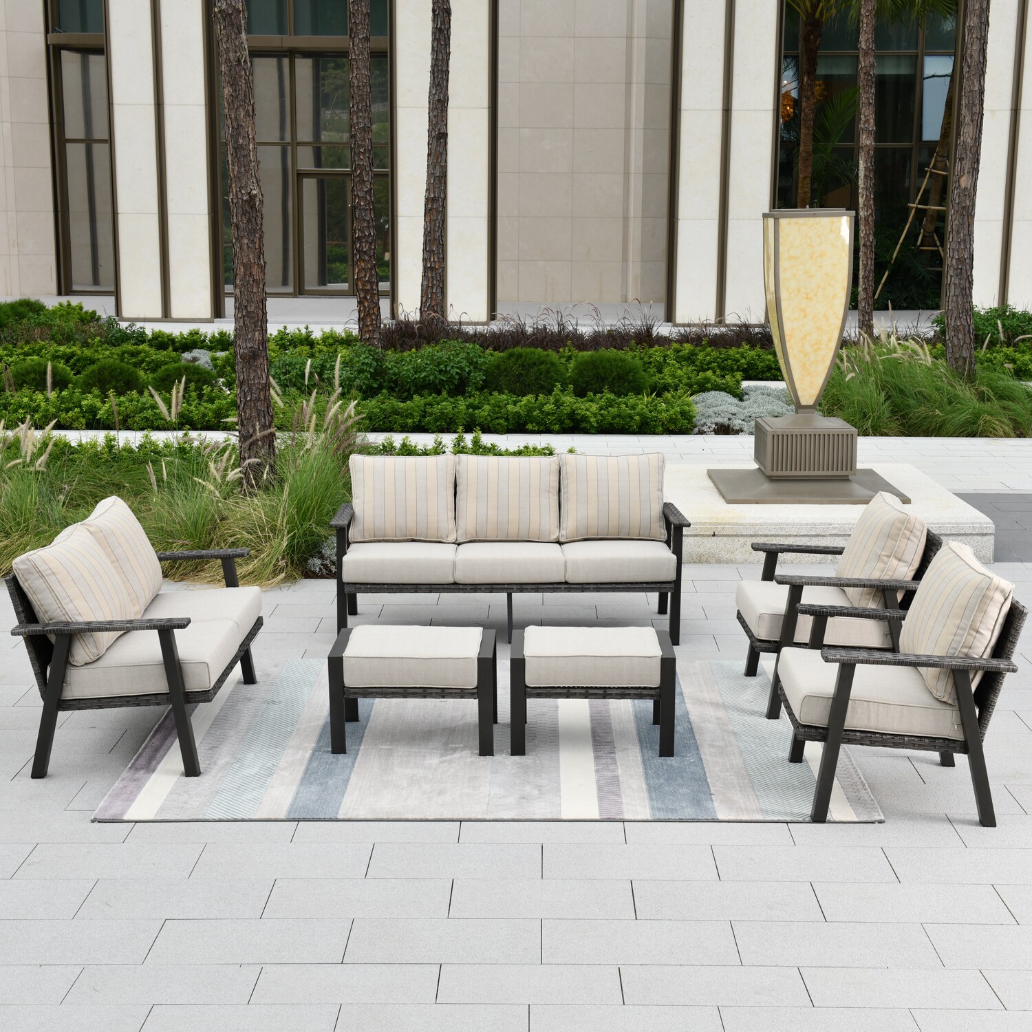 Pouuin SHW60TD06 Hw 6-Piece Wicker Patio Conversation Set with Off-white Cushions