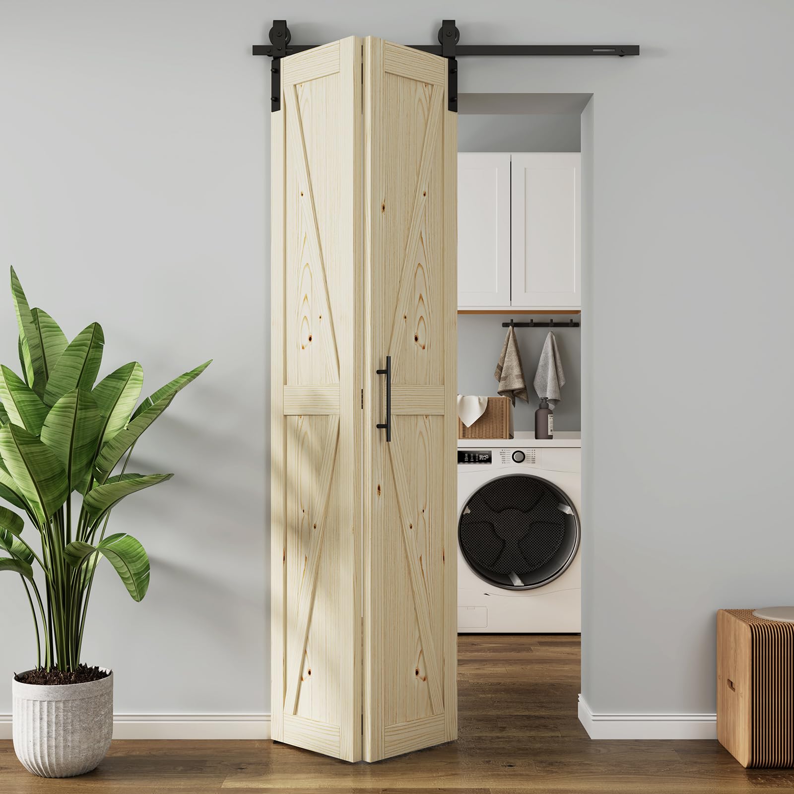 LOVMOR SF-Y-18F5005465 30 in.W Solid Core Natural Wood Pine Bi-fold Door without Sliding Hardware Kit