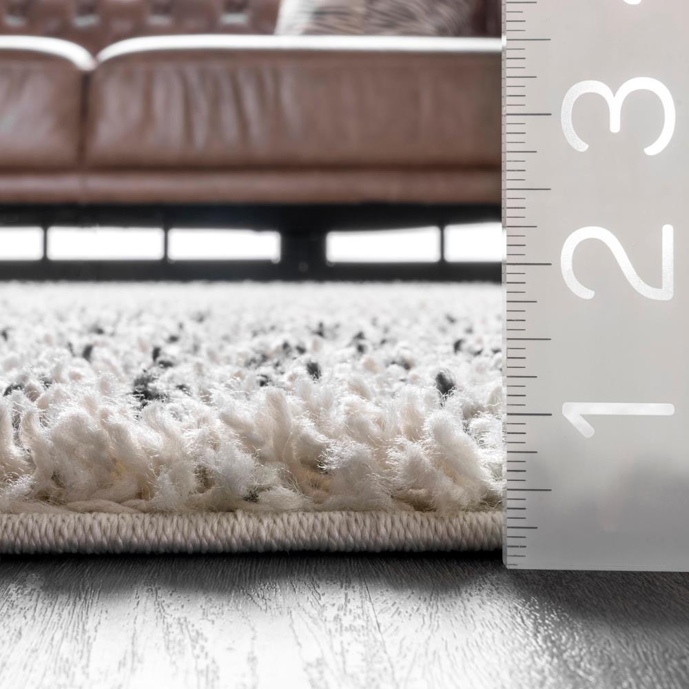 Off-White and Charcoal Synthetic Diamond Pattern Shag Runner Rug