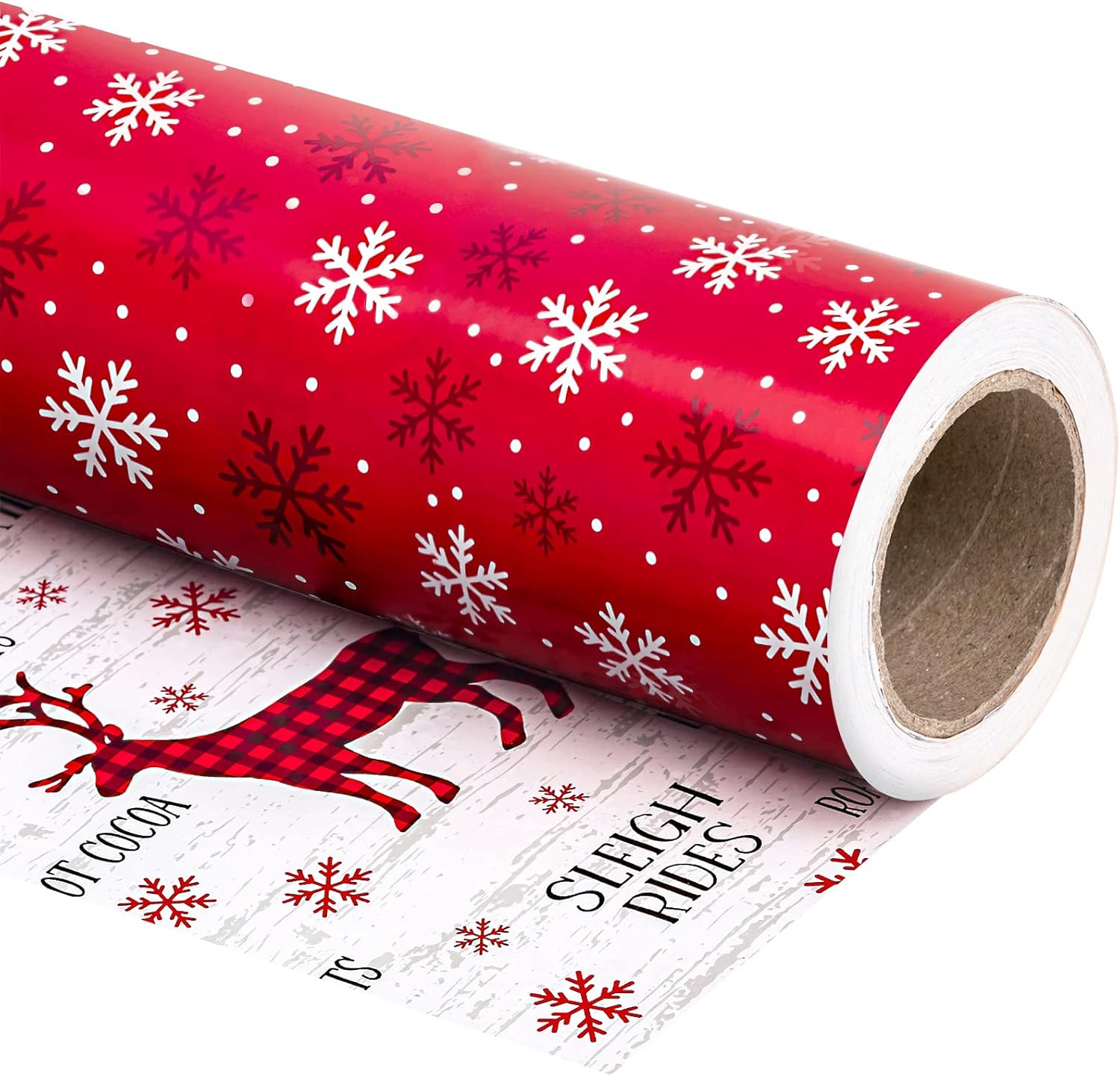 Etokfoks  reversible Christmas wrapping paper mini roll 17 inch by 33 feet red and white reindeer and snowflake holiday gift wrap