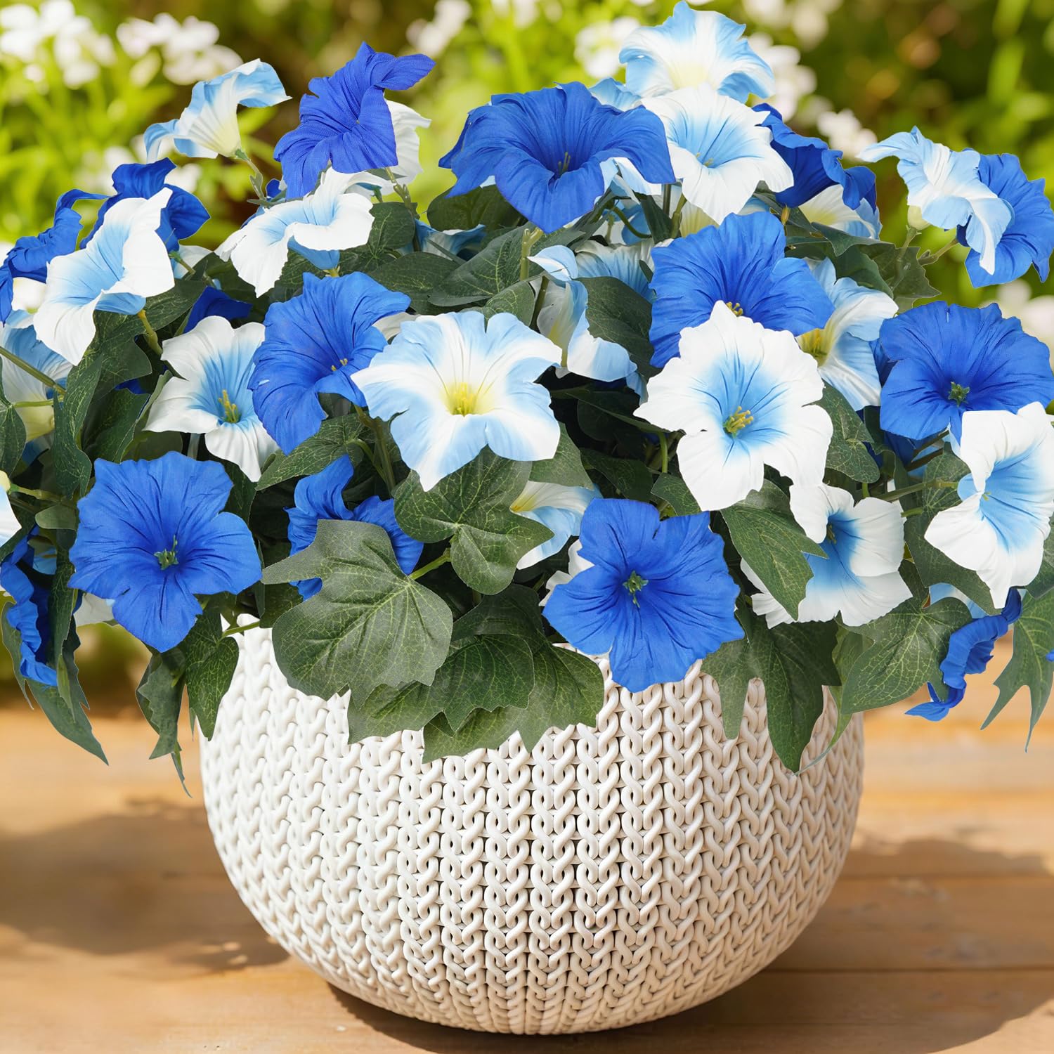 Shareconn Outdoor Artificial Petunia Flowers UV Resistant Faux Silk Blooms for Planters Porch Patio and Yard 6 Bundles Blue and White