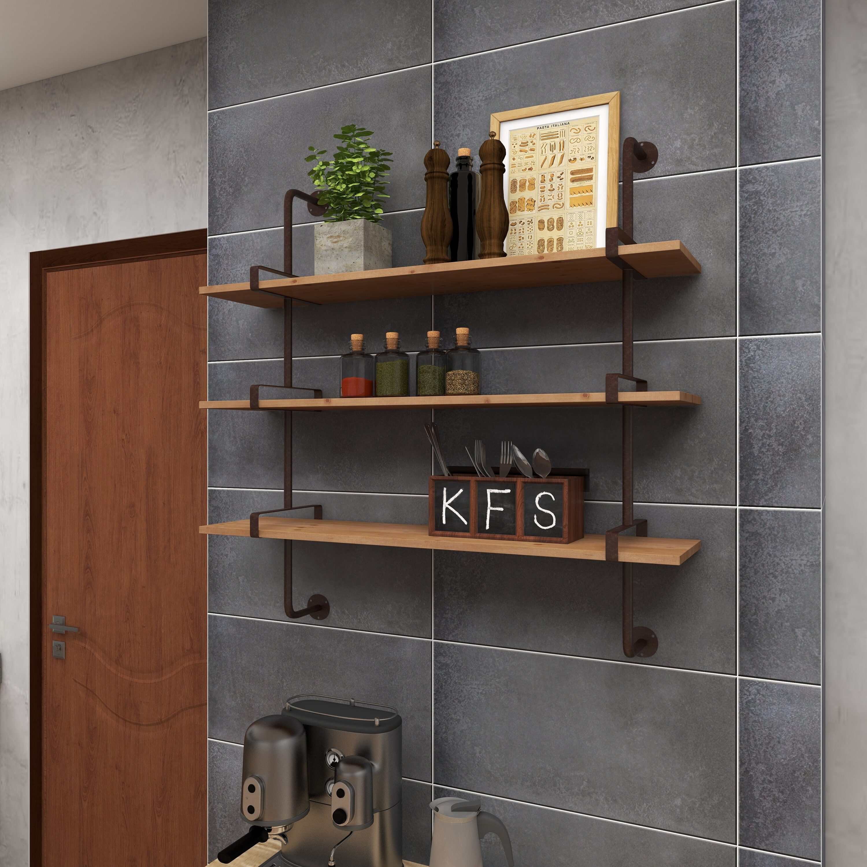 Grayson Lane 39-in x 38-in Grey Wood Industrial Wall Shelves 362374