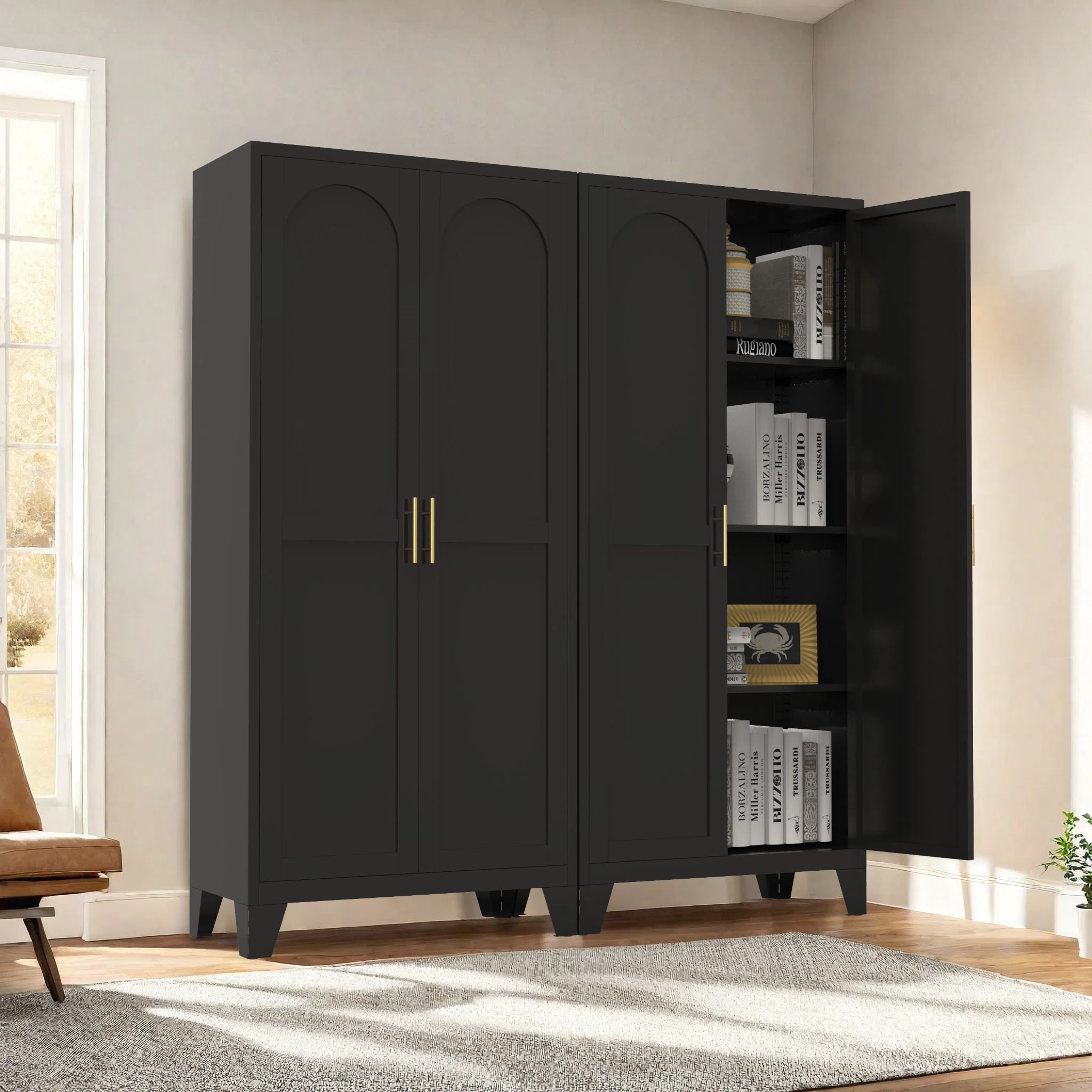 GDFStudio 61 Inch 2 Shapely Doors Metal Storage Cabinet with Adjustable Shelves for Bedroom Living Room Kitchen Black #338409