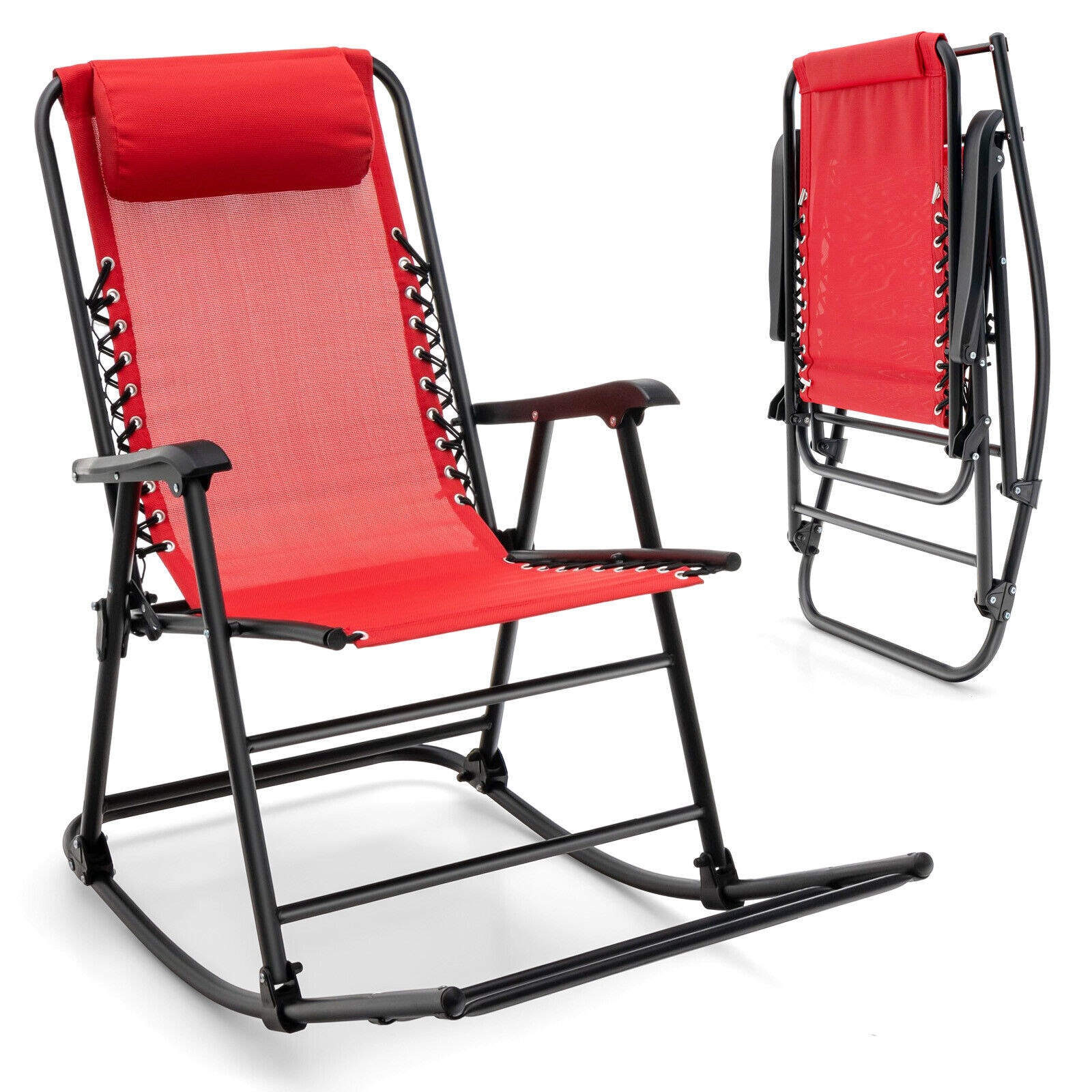 Forclover HYFE-3564RE Patio Chairs Black Steel Frame Rocking Chair with Red Sling Seat