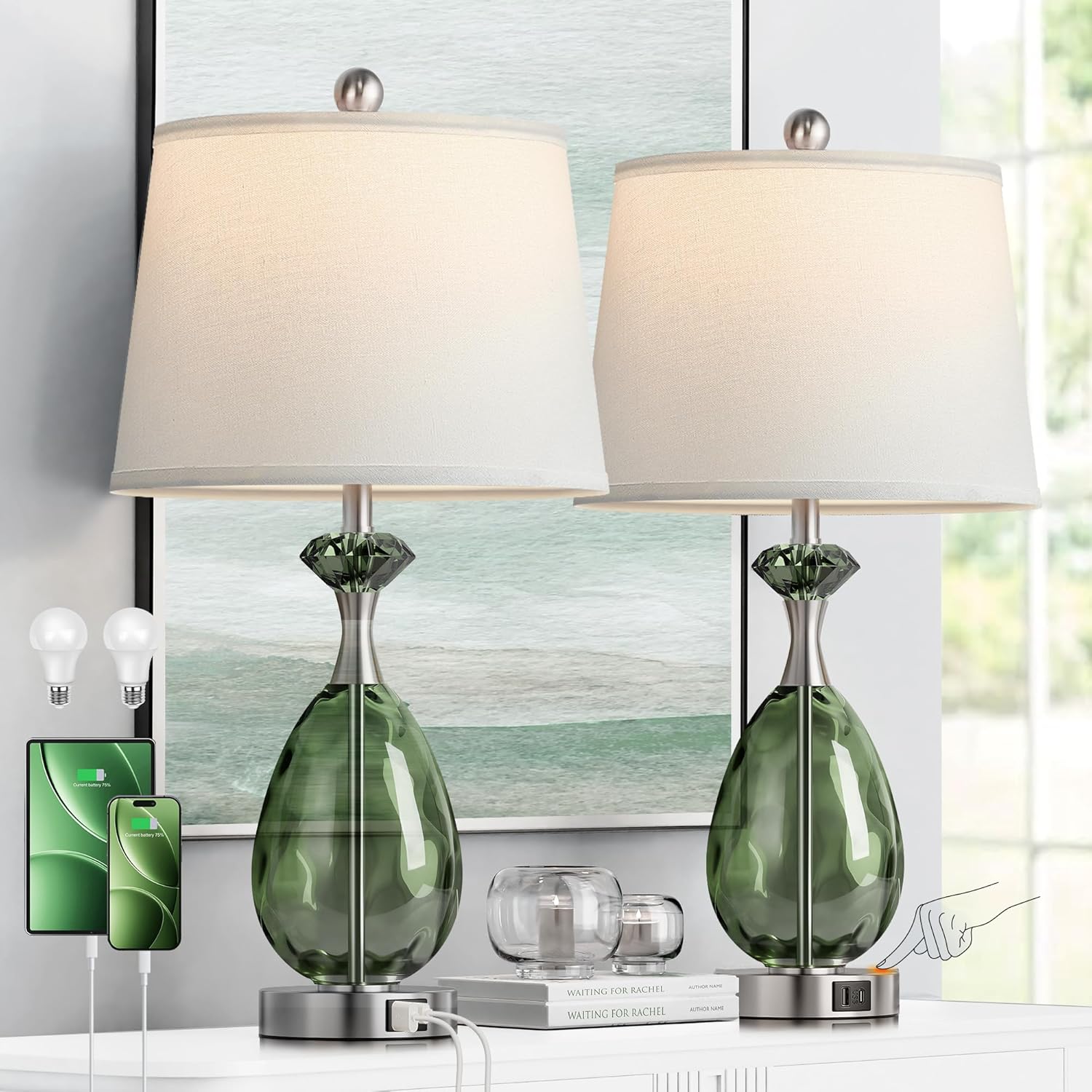 Cinoton Coastal Glass Table Lamps Set of 2 3-Way Dimmable Touch Control Nautical Lamp with USB A C Ports Bedside Lamp Beach Decor Nightstand Lamp with White Shade for Living Room Bedroom LED Bulbs Included