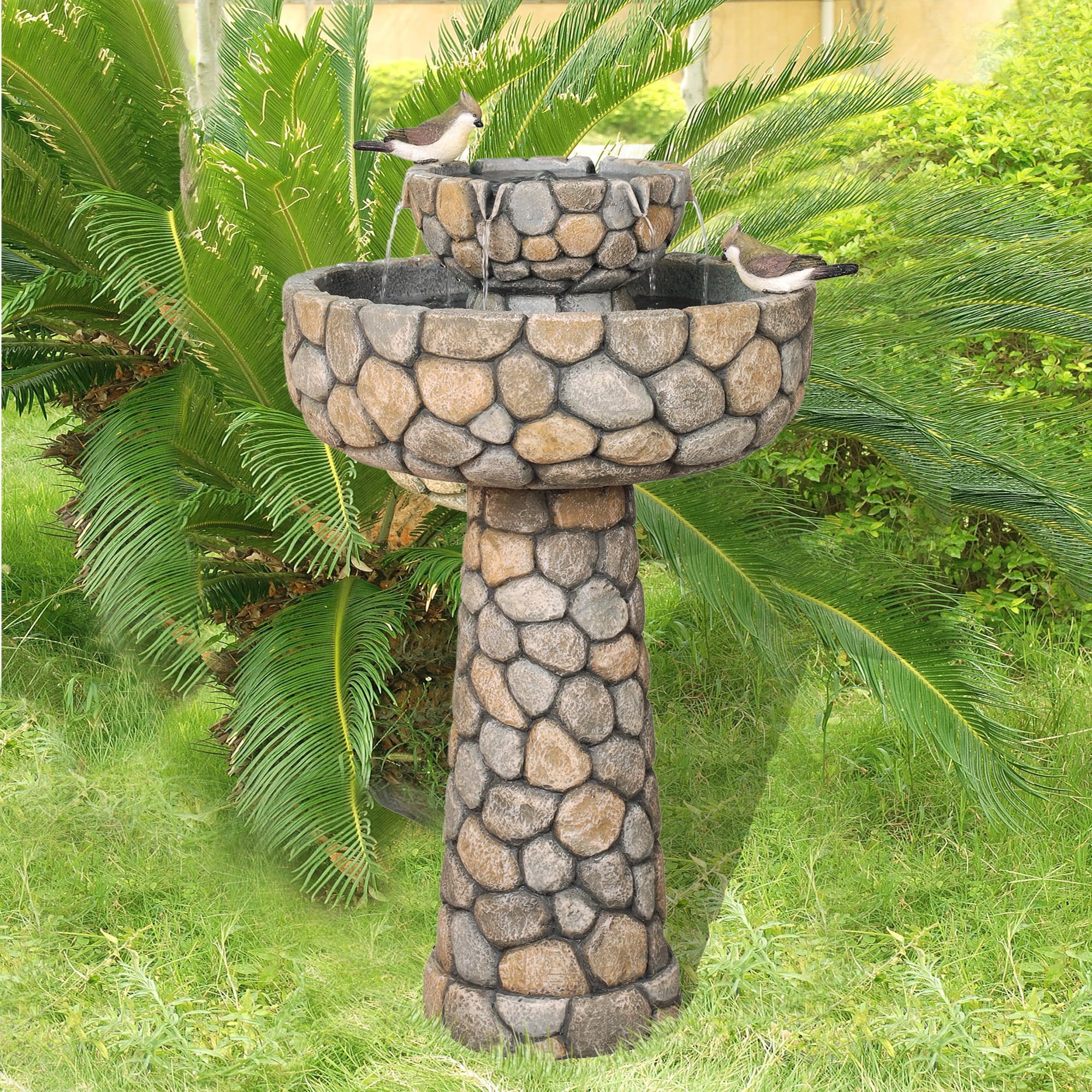 Glitzhome 24.5-in H Resin Tiered Fountain with Birdbath Outdoor ...