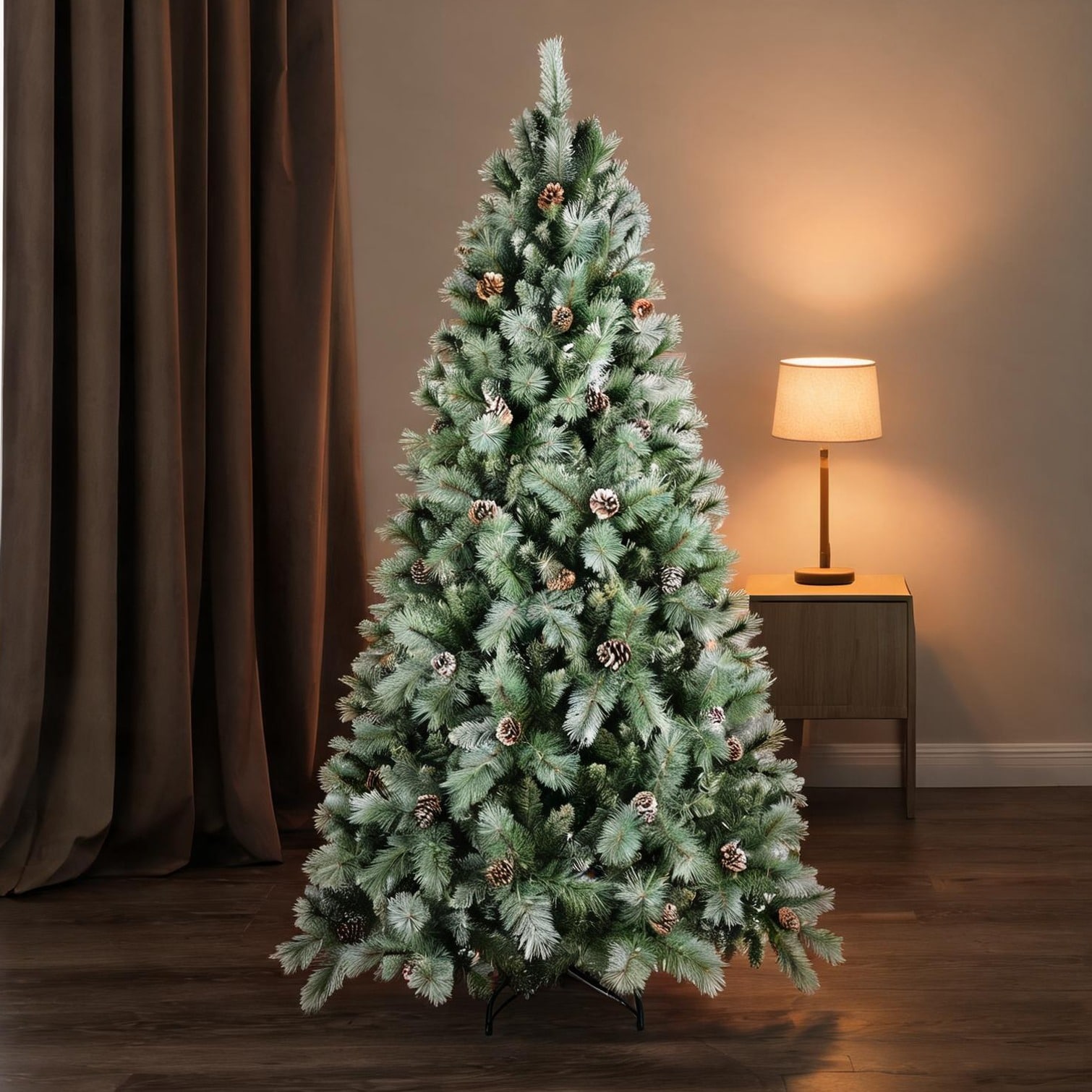 SunJet Artificial Christmas Tree 5 ft Green PVC Fir with Warm White LEDs Hinged Base 51 Pine Cones Full Indoor Holiday Decor