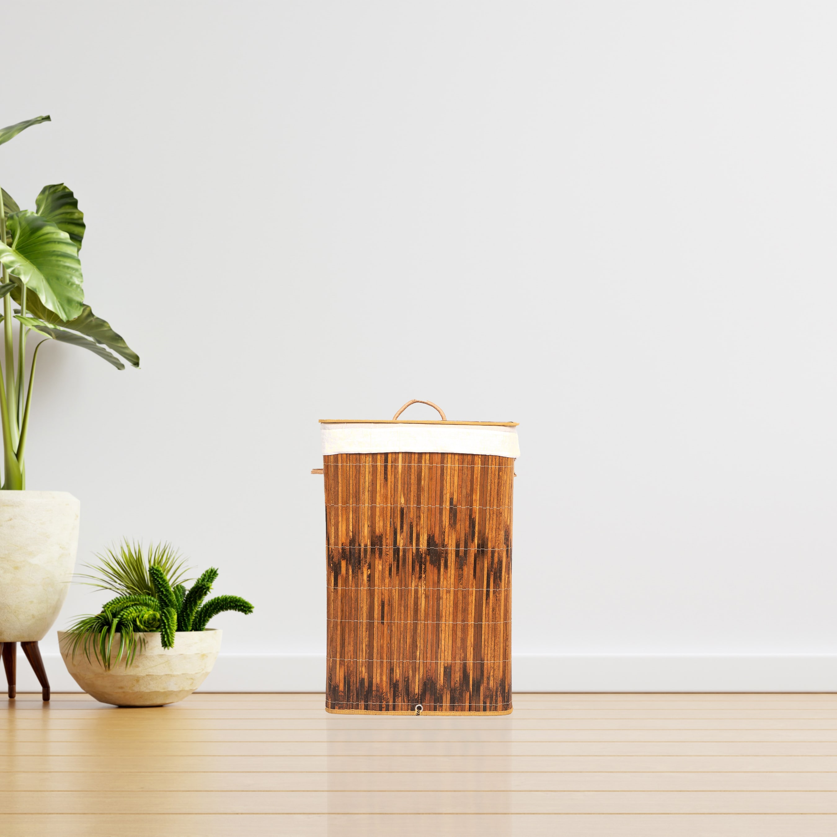 Round Bamboo Collapsible Laundry Hamper with Lid and Handles
