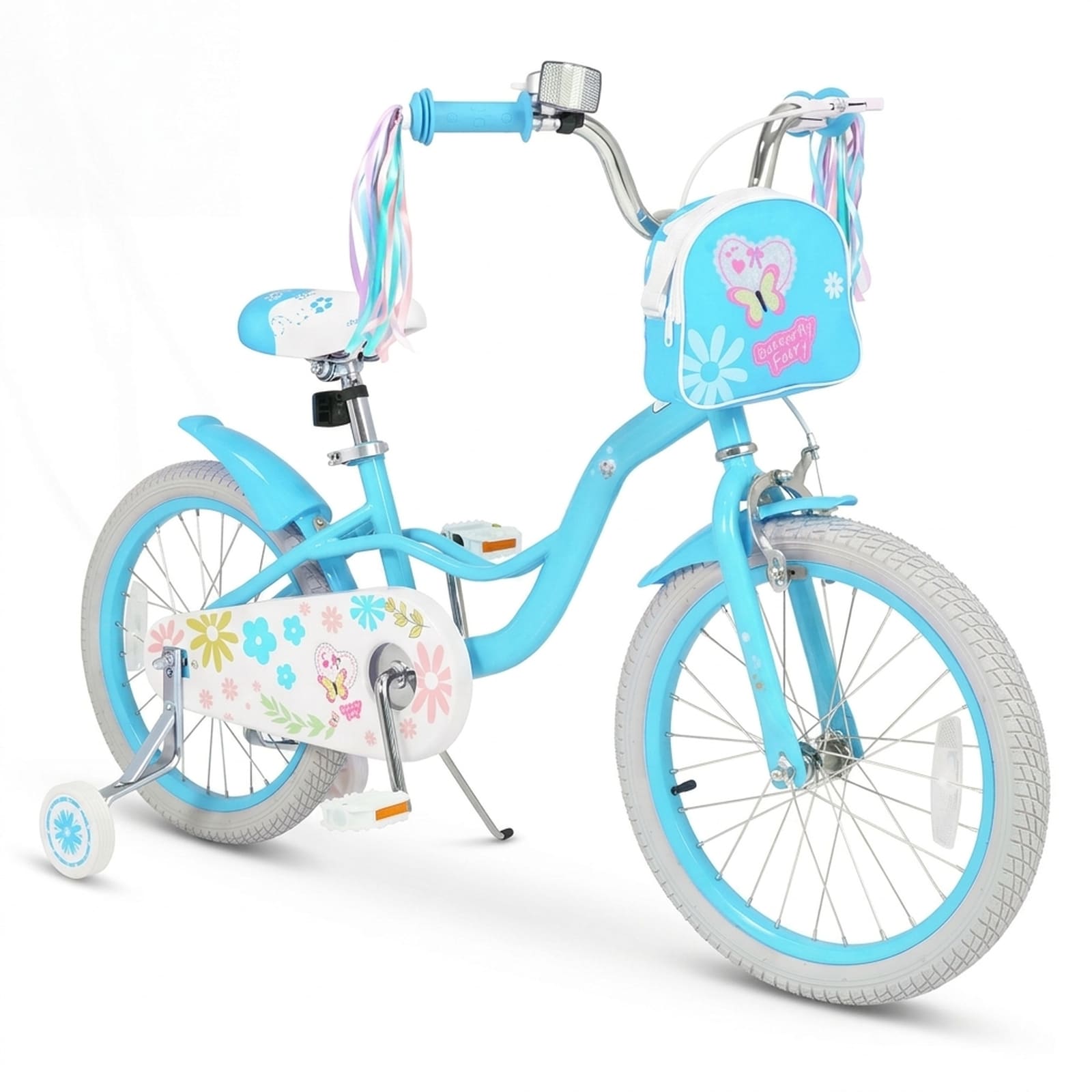 SUGIFT 18-in Girls Bike for Kids 4 to 8 Years Old with Front Bag and Handlebar Streamers Adjustable 23-in to 28-in Saddle Removable Training Wheels Hand Brake Coaster Brake Enclosed Chain Guard Kickstand Bell Mudguards and Reflectors in Blue Kids Bicycle