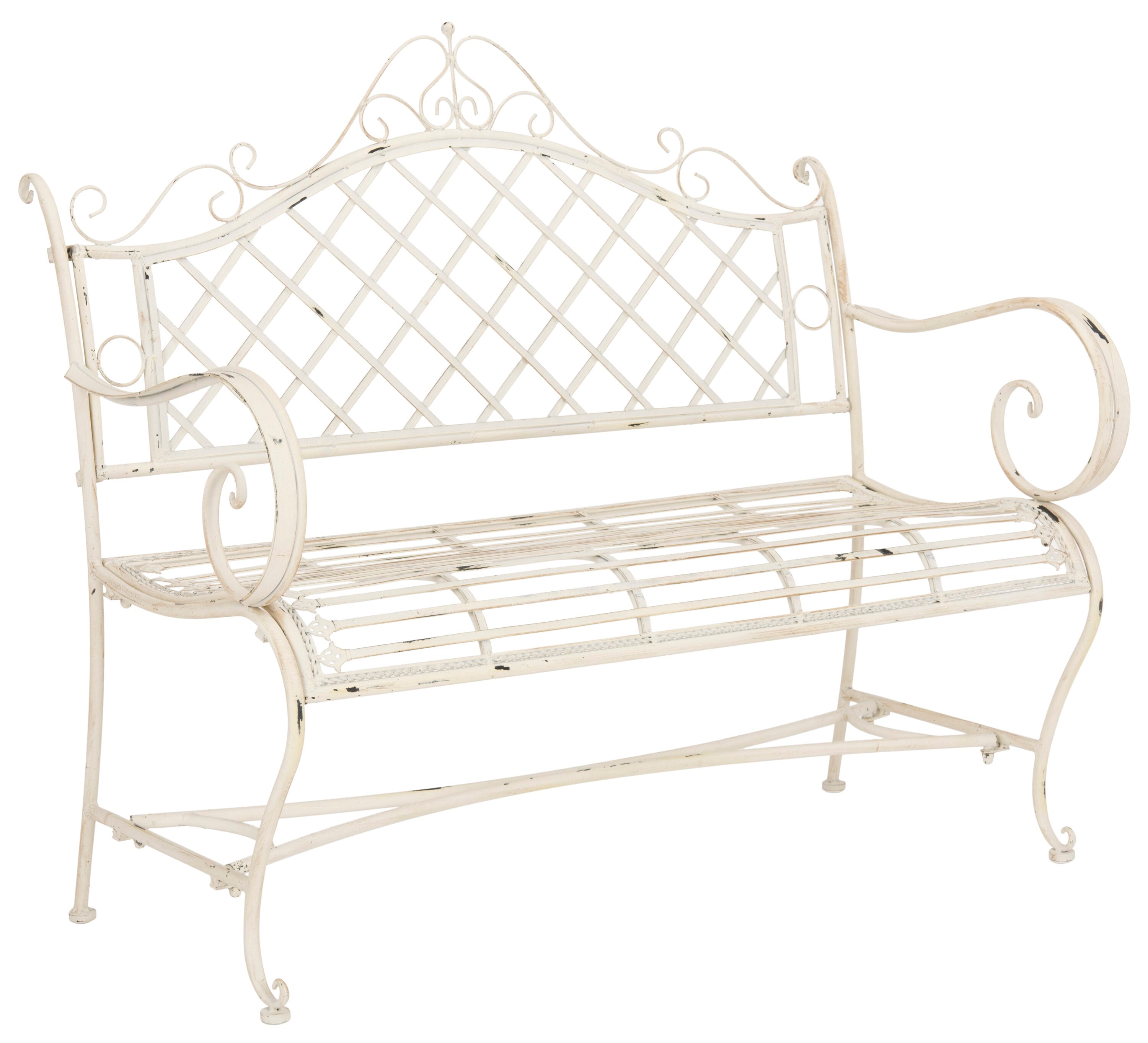 Charming Place de Vosges 46" Antique White Wrought Iron Garden Bench