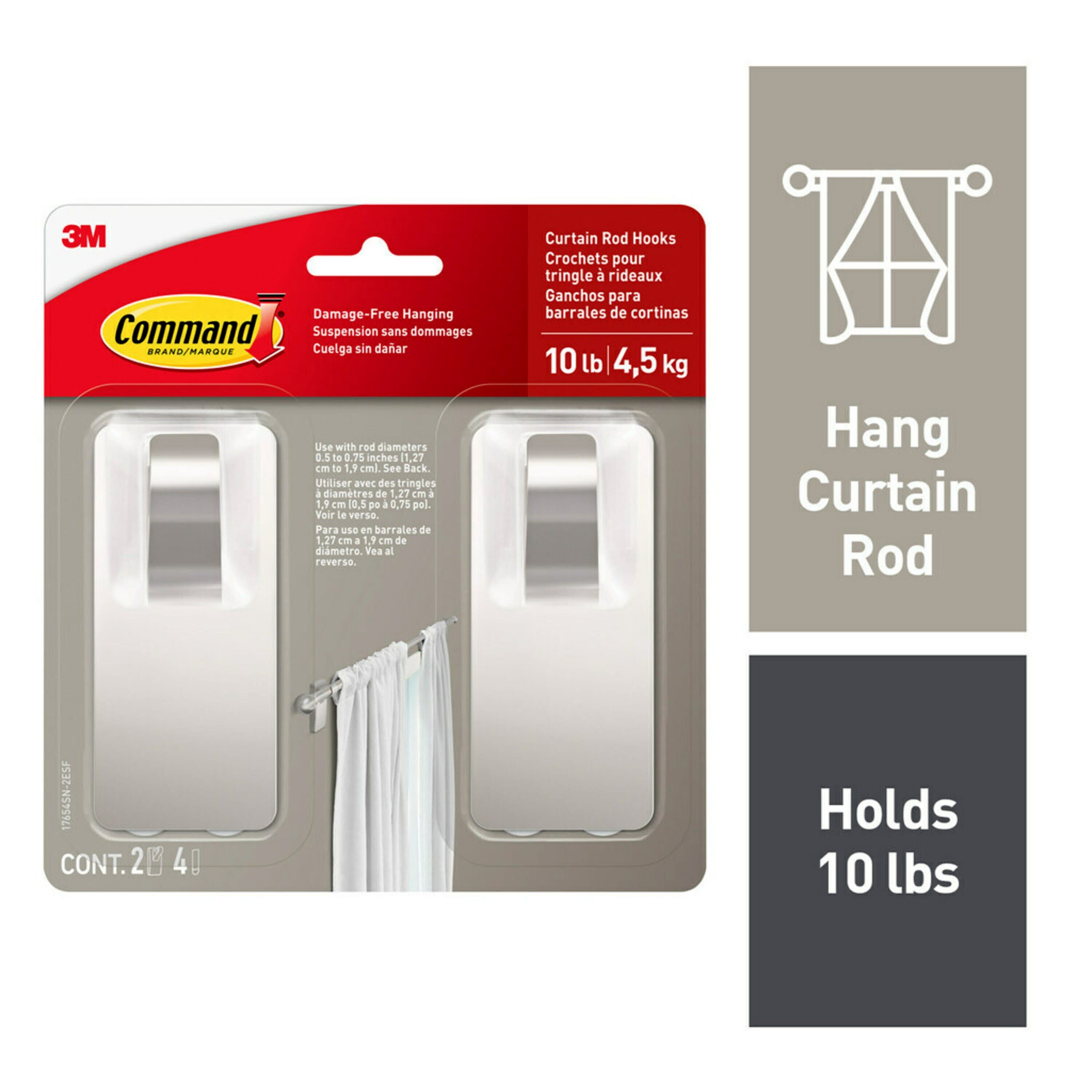 Command 2 -Pack 2 -Hook 1.8-Inches x 4-Inches H Satin Nickel Decorative Wall Hook ( 10-lbs. Capacity)