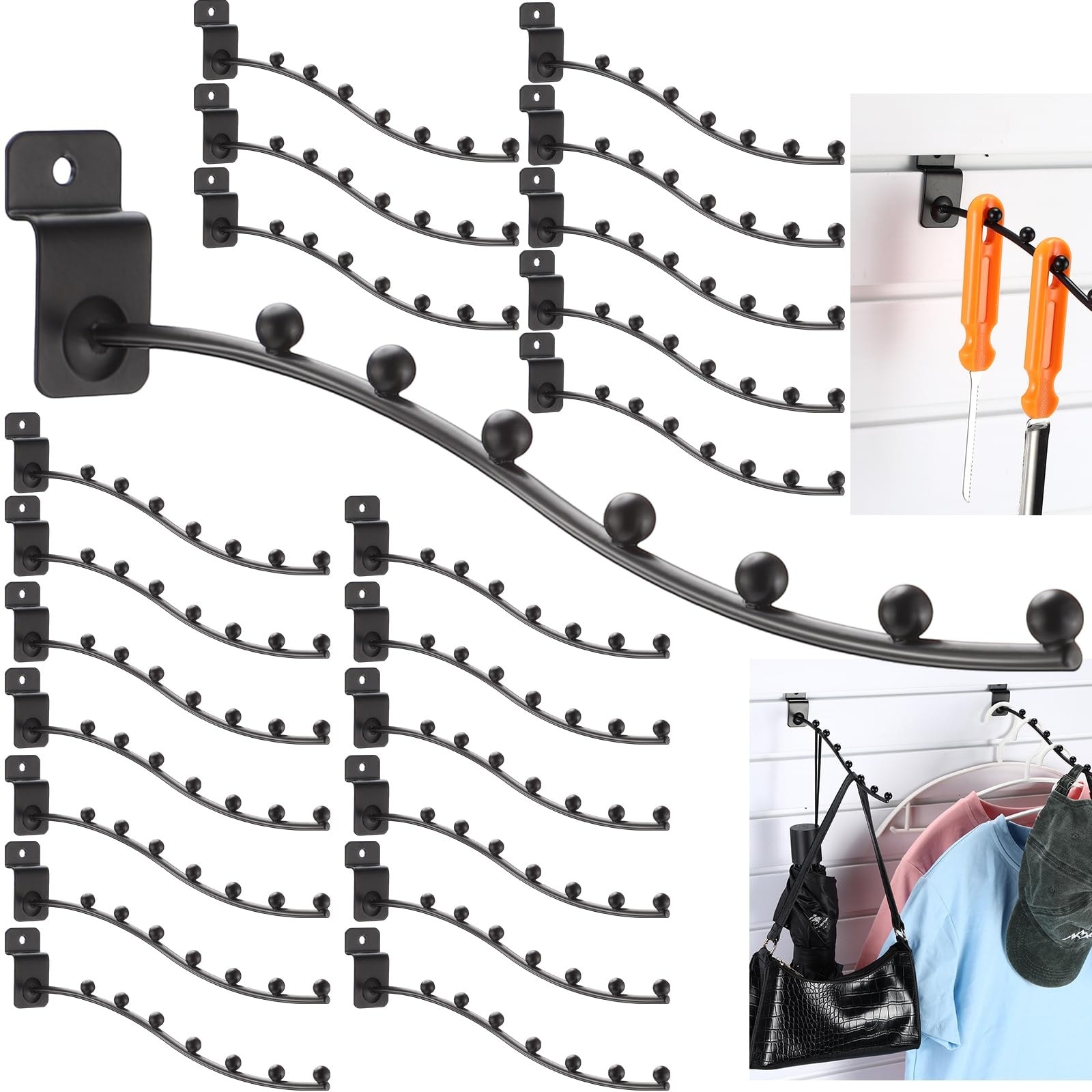 Etokfoks  9 65x6 Metal Slatwall Hooks 20 Pack Black Rustproof Wear Resistant 6 Ball Waterfall Design