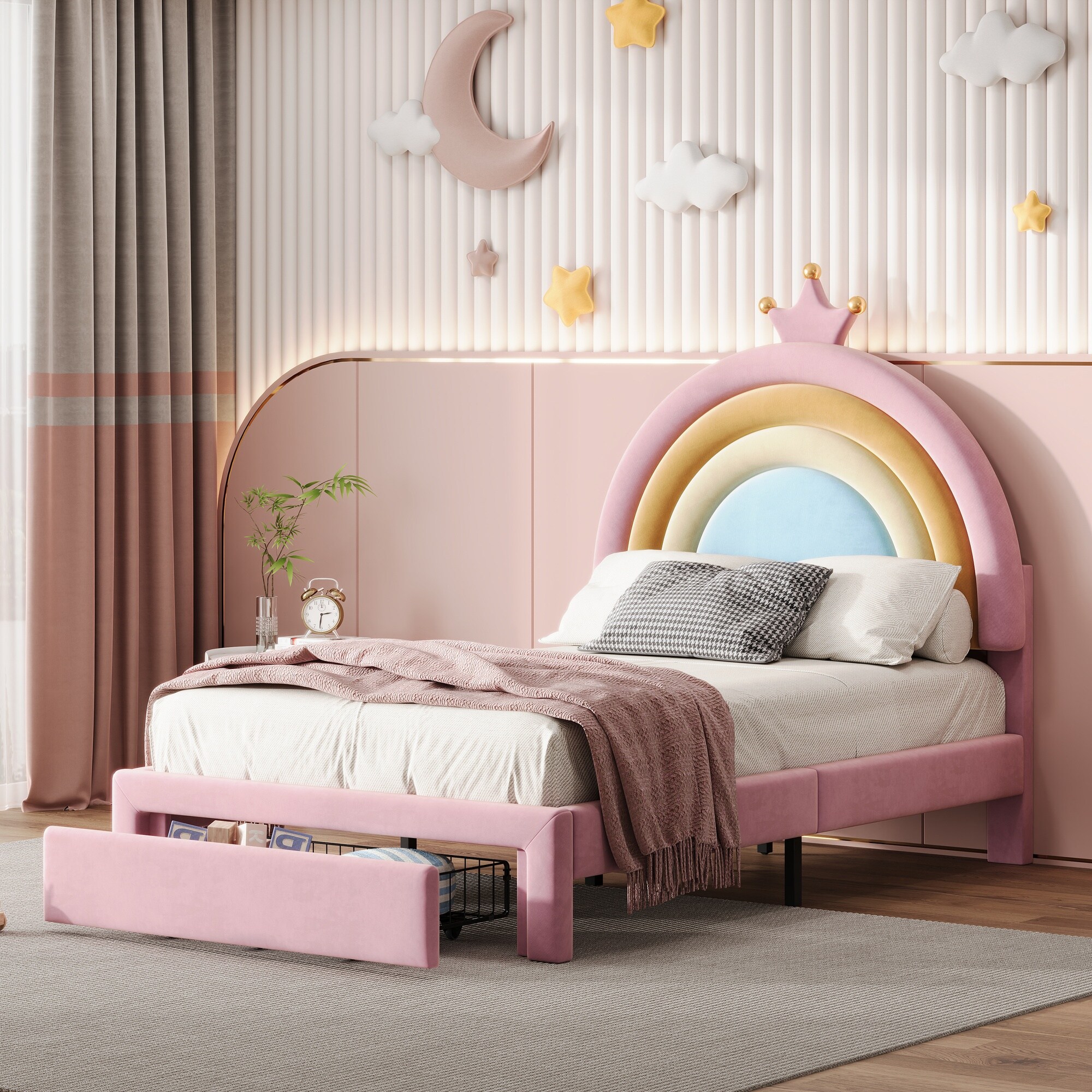 Boyel Living Twin Size Upholstered Rainbow Design Bed with Storage Drawer