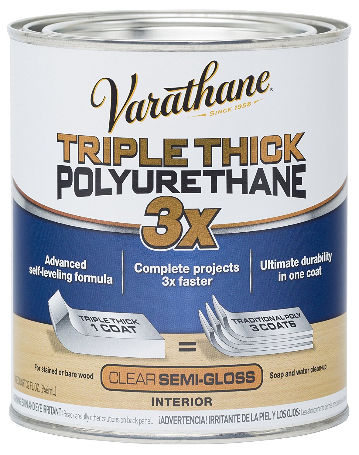 Varathane Transparent Semi-Gloss Clear Water-Based Acrylic Triple Thick Polyurethane 1 qt #284472-DA77